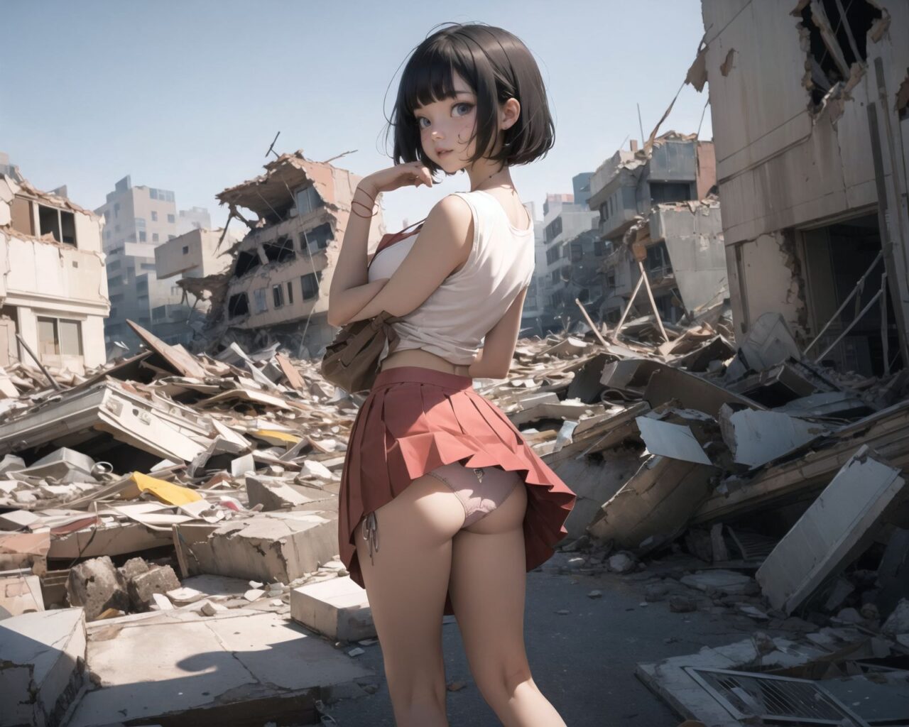 A pretty, retro, otherworldly girl with clear blue eyes and long black hair (standing in the center of a devastated future city:1.4),
She looks around at the ruins around her with a mixture of surprise and determination.
(Close-up shot of her: 1.3),
She walks slowly through the ruined future city,
(frontal shot:1.5),
She is wearing sci-fi futuristic clothing with intricate patterns, her clothes are slightly torn and stained.

She is staring at the horizon, contemplating her next move.
The image depicts the fresh look of a young girl in an urban landscape of low-rise buildings reduced to rubble.

Blake.

Standing with shoes together and legs open,
high expression, covering her face with her hands and supporting her head,
BREAK 15 years old, breasts,
(bangs in chignon, bob cut, hair ends 1.3),
Round eyes

BREAK
(Uniform, plain white shirt, sleeveless, shirt in: 1),
(plain red ribbon: 1.1)
(skirt slightly lifted, panties are visible:1.6), 


BREAK
(Pleated skirt, Miniskirt:1.2), (Plain white socks:1.2), Loafers

BLAKE


The clear blue sky overhead contrasts with the devastation on the ground.
Golden Hour,
(Post-Apocalypse:1.2), Zentangle, a futuristic, otherworldly fantasy world,
Around her, crumbling buildings and piles of rubble create a chaotic landscape.
The soft golden light of the setting sun illuminates the area, casting long shadows and bringing out the details of the rubble.

[post apocalyptic crumbling world as shown in the photograph, broken architecture, skyscrapers in the distance, corrosion of all kinds: 0.5],
Post apocalyptic world, otherworldly fantasy worldview, clear air, blue sky and white clouds,

(split screen:-1.3),
(moles:-1.1), (freckles:-1.2), (blotches:-1.3),.