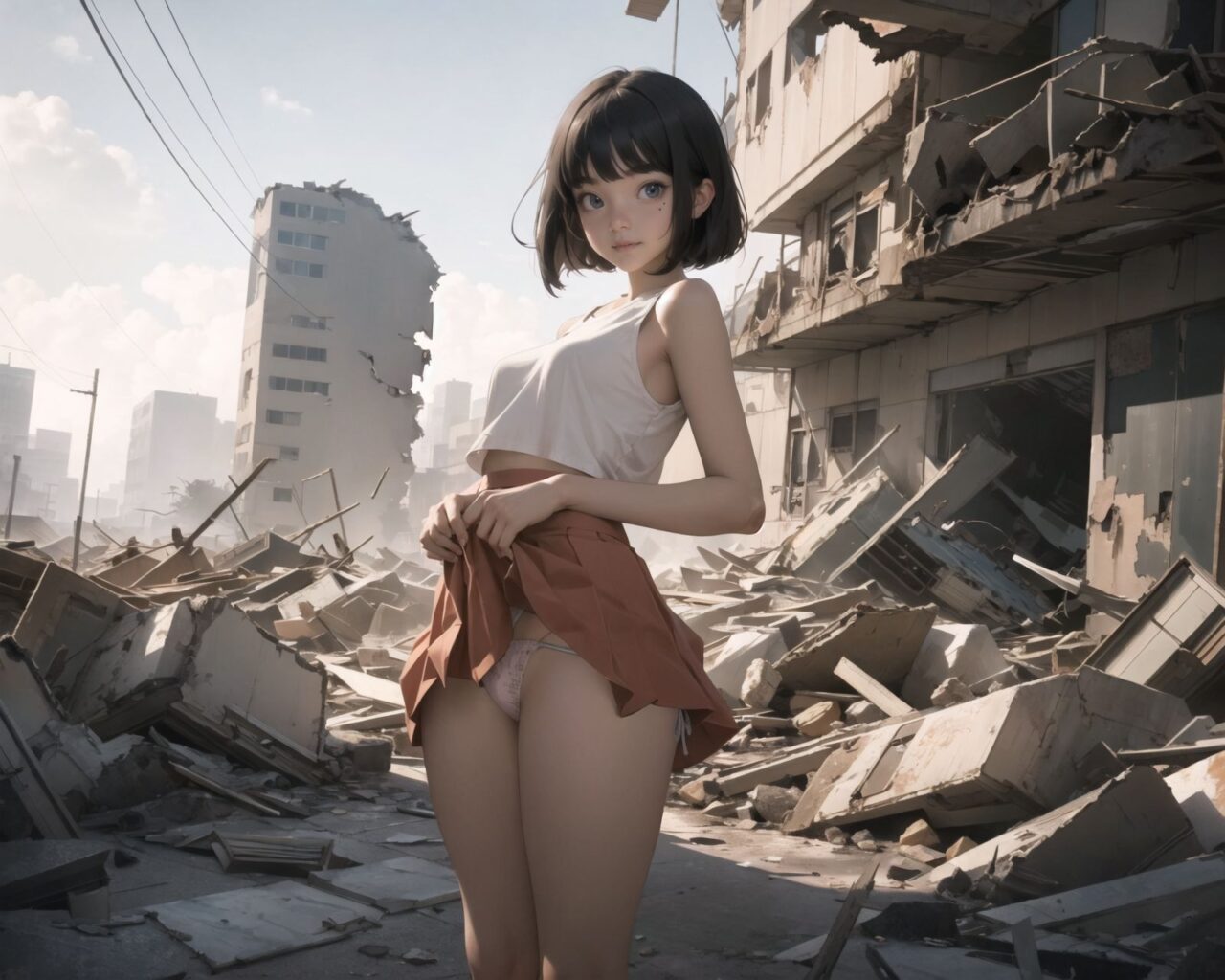 A pretty, retro, otherworldly girl with clear blue eyes and long black hair (standing in the center of a devastated future city:1.4),
She looks around at the ruins around her with a mixture of surprise and determination.
(Close-up shot of her: 1.3),
She walks slowly through the ruined future city,
(frontal shot:1.5),
She is wearing sci-fi futuristic clothing with intricate patterns, her clothes are slightly torn and stained.

She is staring at the horizon, contemplating her next move.
The image depicts the fresh look of a young girl in an urban landscape of low-rise buildings reduced to rubble.

Blake.

Standing with shoes together and legs open,
high expression, covering her face with her hands and supporting her head,
BREAK 15 years old, breasts,
(bangs in chignon, bob cut, hair ends 1.3),
Round eyes

BREAK
(Uniform, plain white shirt, sleeveless, shirt in: 1),
(plain red ribbon: 1.1)
(skirt slightly lifted, panties are visible:1.6), 


BREAK
(Pleated skirt, Miniskirt:1.2), (Plain white socks:1.2), Loafers

BLAKE


The clear blue sky overhead contrasts with the devastation on the ground.
Golden Hour,
(Post-Apocalypse:1.2), Zentangle, a futuristic, otherworldly fantasy world,
Around her, crumbling buildings and piles of rubble create a chaotic landscape.
The soft golden light of the setting sun illuminates the area, casting long shadows and bringing out the details of the rubble.

[post apocalyptic crumbling world as shown in the photograph, broken architecture, skyscrapers in the distance, corrosion of all kinds: 0.5],
Post apocalyptic world, otherworldly fantasy worldview, clear air, blue sky and white clouds,

(split screen:-1.3),
(moles:-1.1), (freckles:-1.2), (blotches:-1.3),.