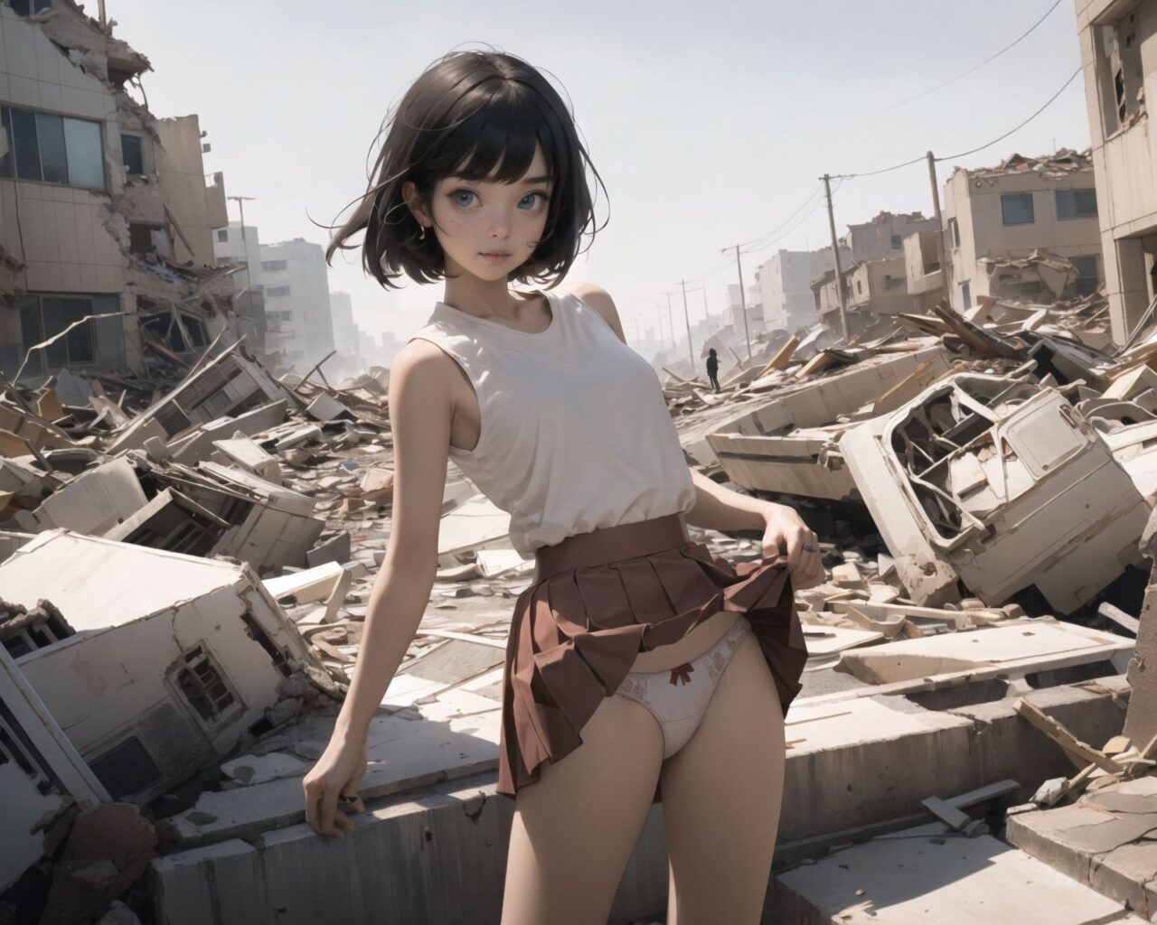 4 girls,

A pretty, retro, otherworldly girl with clear blue eyes and long black hair (standing in the center of a devastated future city:1.4),
She looks around at the ruins around her with a mixture of surprise and determination.
(Close-up shot of her: 1.3),
She walks slowly through the ruined future city,
(frontal shot:1.5),
She is wearing sci-fi futuristic clothing with intricate patterns, her clothes are slightly torn and stained.

She is staring at the horizon, contemplating her next move.
The image depicts the fresh look of a young girl in an urban landscape of low-rise buildings reduced to rubble.

Blake.

Standing with shoes together and legs open,
high expression, covering her face with her hands and supporting her head,
BREAK 15 years old, breasts,
(bangs in chignon, bob cut, hair ends 1.3),
Round eyes

BREAK
(Uniform, plain white shirt, sleeveless, shirt in: 1),
(plain red ribbon: 1.1)
(skirt slightly lifted, panties are visible:1.6), 


BREAK
(Pleated skirt, Miniskirt:1.2), (Plain white socks:1.2), Loafers

BLAKE


The clear blue sky overhead contrasts with the devastation on the ground.
Golden Hour,
(Post-Apocalypse:1.2), Zentangle, a futuristic, otherworldly fantasy world,
Around her, crumbling buildings and piles of rubble create a chaotic landscape.
The soft golden light of the setting sun illuminates the area, casting long shadows and bringing out the details of the rubble.

[post apocalyptic crumbling world as shown in the photograph, broken architecture, skyscrapers in the distance, corrosion of all kinds: 0.5],
Post apocalyptic world, otherworldly fantasy worldview, clear air, blue sky and white clouds,

(split screen:-1.3),
(moles:-1.1), (freckles:-1.2), (blotches:-1.3),.