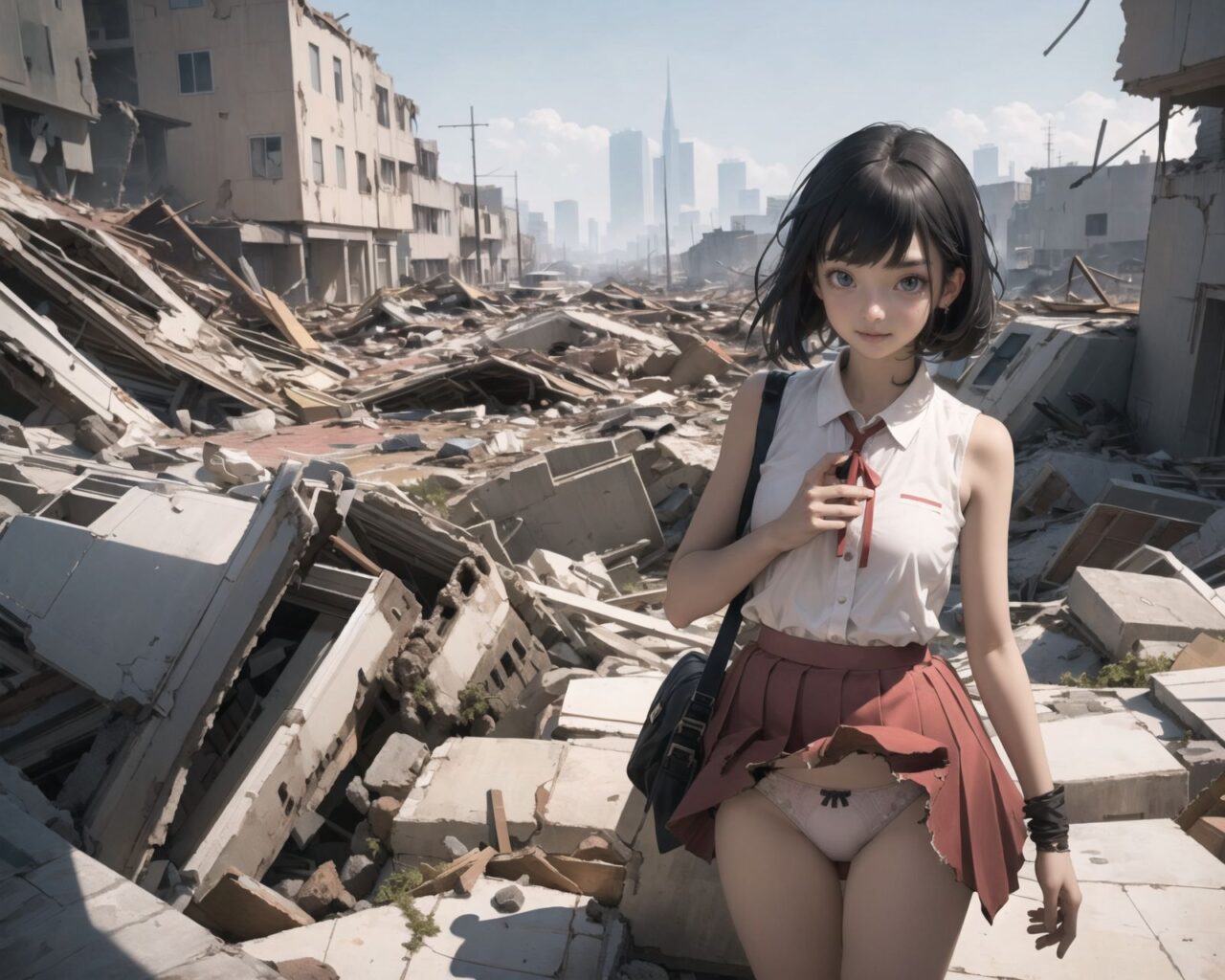 (4 girls:1.7), 

A pretty, retro, otherworldly girl with clear blue eyes and long black hair (standing in the center of a devastated future city:1.4),
She looks around at the ruins around her with a mixture of surprise and determination.
(Close-up shot of her: 1.3),
She walks slowly through the ruined future city,
(frontal shot:1.5),
She is wearing sci-fi futuristic clothing with intricate patterns, her clothes are slightly torn and stained.

She is staring at the horizon, contemplating her next move.
The image depicts the fresh look of a young girl in an urban landscape of low-rise buildings reduced to rubble.

Blake.

Standing with shoes together and legs open,
high expression, covering her face with her hands and supporting her head,
BREAK 15 years old, breasts,
(bangs in chignon, bob cut, hair ends 1.3),
Round eyes

BREAK
(Uniform, plain white shirt, sleeveless, shirt in: 1),
(plain red ribbon: 1.1)
(skirt slightly lifted, panties are visible:1.6), 


BREAK
(Pleated skirt, Miniskirt:1.2), (Plain white socks:1.2), Loafers

BLAKE


The clear blue sky overhead contrasts with the devastation on the ground.
Golden Hour,
(Post-Apocalypse:1.2), Zentangle, a futuristic, otherworldly fantasy world,
Around her, crumbling buildings and piles of rubble create a chaotic landscape.
The soft golden light of the setting sun illuminates the area, casting long shadows and bringing out the details of the rubble.

[post apocalyptic crumbling world as shown in the photograph, broken architecture, skyscrapers in the distance, corrosion of all kinds: 0.5],
Post apocalyptic world, otherworldly fantasy worldview, clear air, blue sky and white clouds,

(split screen:-1.3),
(moles:-1.1), (freckles:-1.2), (blotches:-1.3),.