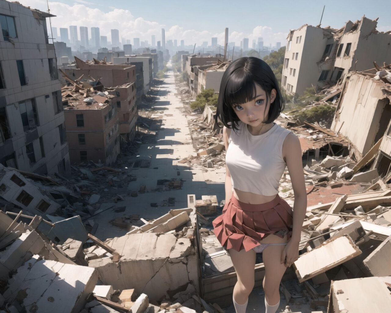 (4 girls:1.7), 

A pretty, retro, otherworldly girl with clear blue eyes and long black hair (standing in the center of a devastated future city:1.4),
She looks around at the ruins around her with a mixture of surprise and determination.
(Close-up shot of her: 1.3),
She walks slowly through the ruined future city,
(frontal shot:1.5),
She is wearing sci-fi futuristic clothing with intricate patterns, her clothes are slightly torn and stained.

She is staring at the horizon, contemplating her next move.
The image depicts the fresh look of a young girl in an urban landscape of low-rise buildings reduced to rubble.

Blake.

Standing with shoes together and legs open,
high expression, covering her face with her hands and supporting her head,
BREAK 15 years old, breasts,
(bangs in chignon, bob cut, hair ends 1.3),
Round eyes

BREAK
(Uniform, plain white shirt, sleeveless, shirt in: 1),
(plain red ribbon: 1.1)
(skirt slightly lifted, panties are visible:1.6), 


BREAK
(Pleated skirt, Miniskirt:1.2), (Plain white socks:1.2), Loafers

BLAKE


The clear blue sky overhead contrasts with the devastation on the ground.
Golden Hour,
(Post-Apocalypse:1.2), Zentangle, a futuristic, otherworldly fantasy world,
Around her, crumbling buildings and piles of rubble create a chaotic landscape.
The soft golden light of the setting sun illuminates the area, casting long shadows and bringing out the details of the rubble.

[post apocalyptic crumbling world as shown in the photograph, broken architecture, skyscrapers in the distance, corrosion of all kinds: 0.5],
Post apocalyptic world, otherworldly fantasy worldview, clear air, blue sky and white clouds,

(split screen:-1.3),
(moles:-1.1), (freckles:-1.2), (blotches:-1.3),.