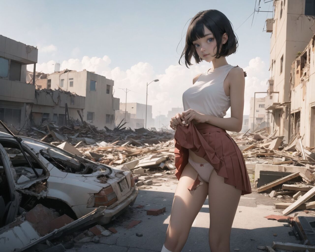 (4 girls:1.7), 

A pretty, retro, otherworldly girls with clear blue eyes and long black hair, 
(standing in the center of a devastated future city:1.4),
She looks around at the ruins around her with a mixture of surprise and determination.
(Close-up shot of her: 1.3),
She walks slowly through the ruined future city,
(frontal shot:1.5),
She is wearing sci-fi futuristic clothing with intricate patterns, her clothes are slightly torn and stained.

She is staring at the horizon, contemplating her next move.
The image depicts the fresh look of a young girl in an urban landscape of low-rise buildings reduced to rubble.

Blake.

Standing with shoes together and legs open,
high expression, covering her face with her hands and supporting her head,
BREAK 15 years old, breasts,
(bangs in chignon, bob cut, hair ends 1.3),
Round eyes

BREAK
(Uniform, plain white shirt, sleeveless, shirt in: 1),
(plain red ribbon: 1.1)
(skirt slightly lifted, panties are visible:1.6), 


BREAK
(Pleated skirt, Miniskirt:1.2), (Plain white socks:1.2), Loafers

BLAKE


The clear blue sky overhead contrasts with the devastation on the ground.
Golden Hour,
(Post-Apocalypse:1.2), Zentangle, a futuristic, otherworldly fantasy world,
Around her, crumbling buildings and piles of rubble create a chaotic landscape.
The soft golden light of the setting sun illuminates the area, casting long shadows and bringing out the details of the rubble.

[post apocalyptic crumbling world as shown in the photograph, broken architecture, skyscrapers in the distance, corrosion of all kinds: 0.5],
Post apocalyptic world, otherworldly fantasy worldview, clear air, blue sky and white clouds,

(split screen:-1.3),
(moles:-1.1), (freckles:-1.2), (blotches:-1.3),.