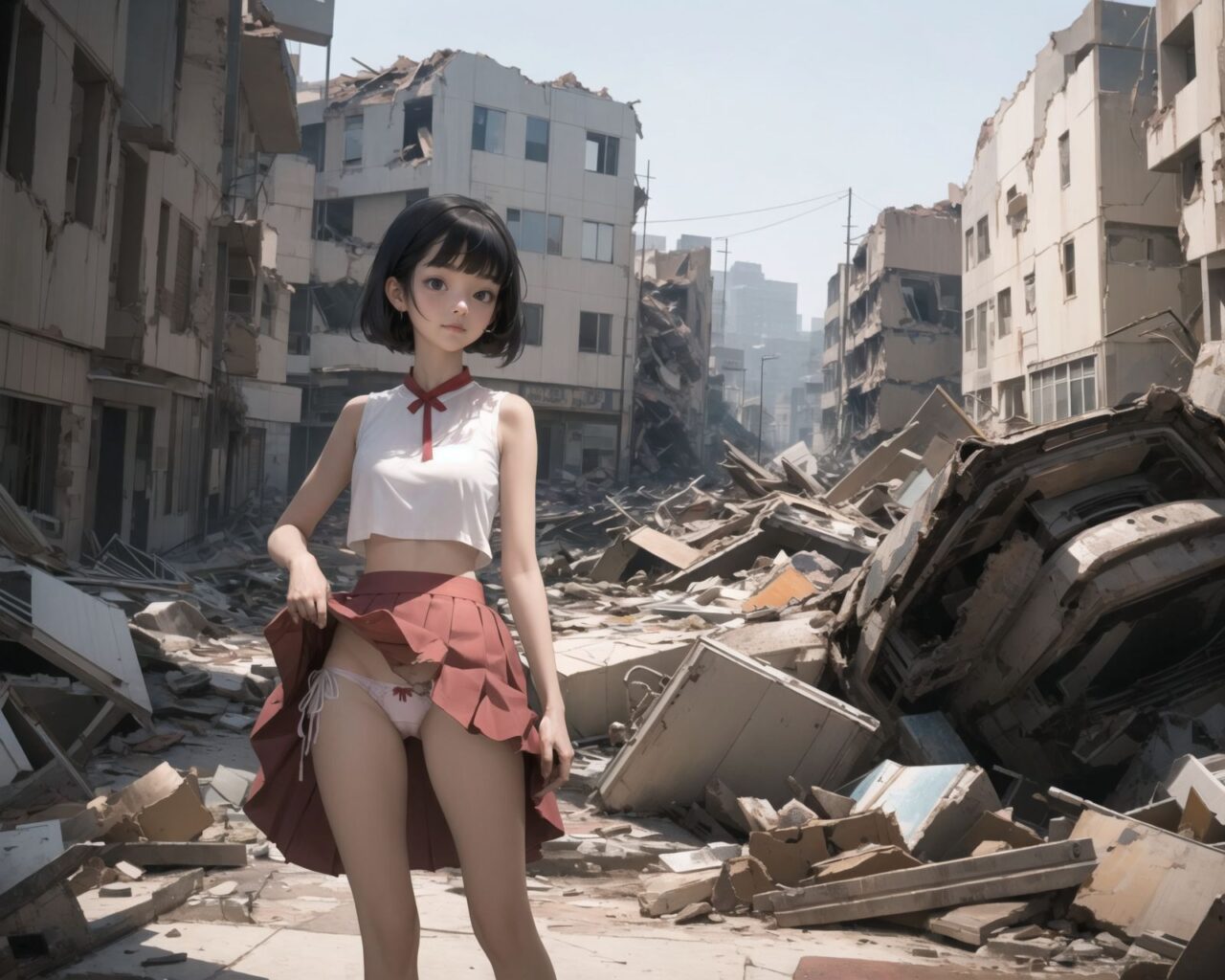 (4 girls:1.7), 

A pretty, retro, otherworldly girls with clear blue eyes and long black hair, 
(standing in the center of a devastated future city:1.4),
She looks around at the ruins around her with a mixture of surprise and determination.
(Close-up shot of her: 1.3),
She walks slowly through the ruined future city,
(frontal shot:1.5),
She is wearing sci-fi futuristic clothing with intricate patterns, her clothes are slightly torn and stained.

She is staring at the horizon, contemplating her next move.
The image depicts the fresh look of a young girl in an urban landscape of low-rise buildings reduced to rubble.

Blake.

Standing with shoes together and legs open,
high expression, covering her face with her hands and supporting her head,
BREAK 15 years old, breasts,
(bangs in chignon, bob cut, hair ends 1.3),
Round eyes

BREAK
(Uniform, plain white shirt, sleeveless, shirt in: 1),
(plain red ribbon: 1.1)
(skirt slightly lifted, panties are visible:1.6), 


BREAK
(Pleated skirt, Miniskirt:1.2), (Plain white socks:1.2), Loafers

BLAKE


The clear blue sky overhead contrasts with the devastation on the ground.
Golden Hour,
(Post-Apocalypse:1.2), Zentangle, a futuristic, otherworldly fantasy world,
Around her, crumbling buildings and piles of rubble create a chaotic landscape.
The soft golden light of the setting sun illuminates the area, casting long shadows and bringing out the details of the rubble.

[post apocalyptic crumbling world as shown in the photograph, broken architecture, skyscrapers in the distance, corrosion of all kinds: 0.5],
Post apocalyptic world, otherworldly fantasy worldview, clear air, blue sky and white clouds,

(split screen:-1.3),
(moles:-1.1), (freckles:-1.2), (blotches:-1.3),.