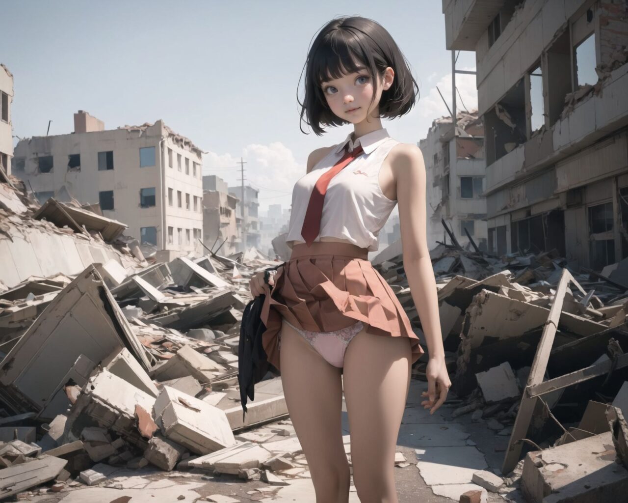 (4 girls:1.7), (4 girls:1.7), 

A pretty, retro, otherworldly girls with clear blue eyes and long black hair, 
(standing in the center of a devastated future city:1.4),
She looks around at the ruins around her with a mixture of surprise and determination.
(Close-up shot of her: 1.3),
She walks slowly through the ruined future city,
(frontal shot:1.5),
She is wearing sci-fi futuristic clothing with intricate patterns, her clothes are slightly torn and stained.

She is staring at the horizon, contemplating her next move.
The image depicts the fresh look of a young girl in an urban landscape of low-rise buildings reduced to rubble.

Blake.

Standing with shoes together and legs open,
high expression, covering her face with her hands and supporting her head,
BREAK 15 years old, breasts,
(bangs in chignon, bob cut, hair ends 1.3),
Round eyes

BREAK
(Uniform, plain white shirt, sleeveless, shirt in: 1),
(plain red ribbon: 1.1)
(skirt slightly lifted, panties are visible:1.6), 


BREAK
(Pleated skirt, Miniskirt:1.2), (Plain white socks:1.2), Loafers

BLAKE


The clear blue sky overhead contrasts with the devastation on the ground.
Golden Hour,
(Post-Apocalypse:1.2), Zentangle, a futuristic, otherworldly fantasy world,
Around her, crumbling buildings and piles of rubble create a chaotic landscape.
The soft golden light of the setting sun illuminates the area, casting long shadows and bringing out the details of the rubble.

[post apocalyptic crumbling world as shown in the photograph, broken architecture, skyscrapers in the distance, corrosion of all kinds: 0.5],
Post apocalyptic world, otherworldly fantasy worldview, clear air, blue sky and white clouds,

(split screen:-1.3),
(moles:-1.1), (freckles:-1.2), (blotches:-1.3),.