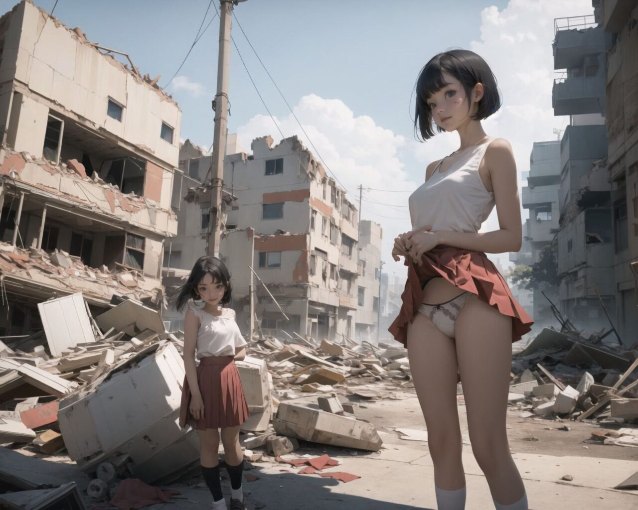 (4 girls:1.7), (4 girls:1.7), 

A pretty, retro, otherworldly girls with clear blue eyes and long black hair, 
(standing in the center of a devastated future city:1.4),
She looks around at the ruins around her with a mixture of surprise and determination.
(Close-up shot of her: 1.3),
She walks slowly through the ruined future city,
(frontal shot:1.5),
She is wearing sci-fi futuristic clothing with intricate patterns, her clothes are slightly torn and stained.

She is staring at the horizon, contemplating her next move.
The image depicts the fresh look of a young girl in an urban landscape of low-rise buildings reduced to rubble.

Blake.

Standing with shoes together and legs open,
high expression, covering her face with her hands and supporting her head,
BREAK 15 years old, breasts,
(bangs in chignon, bob cut, hair ends 1.3),
Round eyes

BREAK
(Uniform, plain white shirt, sleeveless, shirt in: 1),
(plain red ribbon: 1.1)
(skirt slightly lifted, panties are visible:1.6), 


BREAK
(Pleated skirt, Miniskirt:1.2), (Plain white socks:1.2), Loafers

BLAKE


The clear blue sky overhead contrasts with the devastation on the ground.
Golden Hour,
(Post-Apocalypse:1.2), Zentangle, a futuristic, otherworldly fantasy world,
Around her, crumbling buildings and piles of rubble create a chaotic landscape.
The soft golden light of the setting sun illuminates the area, casting long shadows and bringing out the details of the rubble.

[post apocalyptic crumbling world as shown in the photograph, broken architecture, skyscrapers in the distance, corrosion of all kinds: 0.5],
Post apocalyptic world, otherworldly fantasy worldview, clear air, blue sky and white clouds,

(split screen:-1.3),
(moles:-1.1), (freckles:-1.2), (blotches:-1.3),.