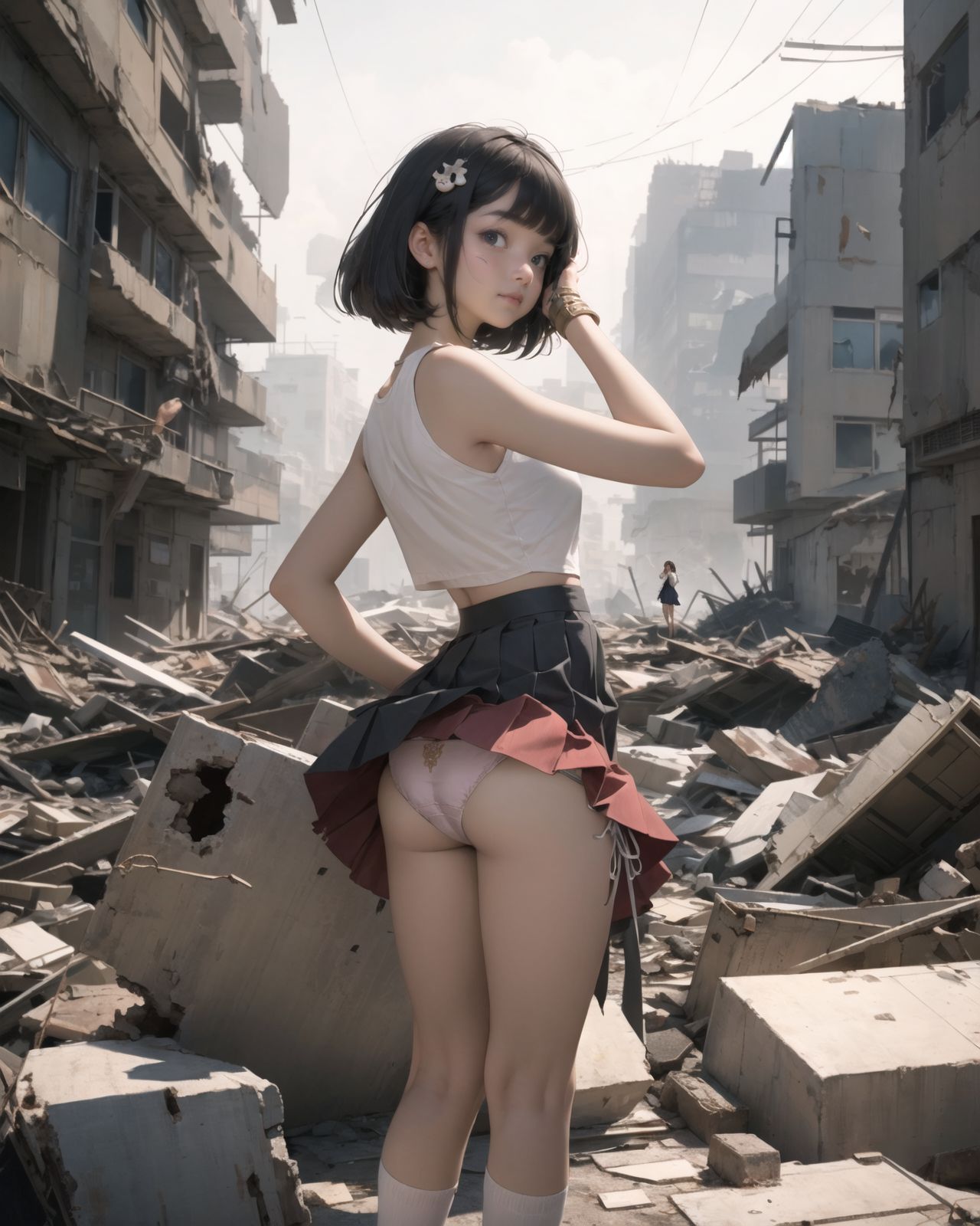 (4 girls:1.7), (4 girls:1.7), 

A pretty, retro, otherworldly girls with clear blue eyes and long black hair, 
(standing in the center of a devastated future city:1.4),
She looks around at the ruins around her with a mixture of surprise and determination.
(Close-up shot of her: 1.3),
She walks slowly through the ruined future city,
(frontal shot:1.5),
She is wearing sci-fi futuristic clothing with intricate patterns, her clothes are slightly torn and stained.

She is staring at the horizon, contemplating her next move.
The image depicts the fresh look of a young girl in an urban landscape of low-rise buildings reduced to rubble.

Blake.

Standing with shoes together and legs open,
high expression, covering her face with her hands and supporting her head,
BREAK 15 years old, breasts,
(bangs in chignon, bob cut, hair ends 1.3),
Round eyes

BREAK
(Uniform, plain white shirt, sleeveless, shirt in: 1),
(plain red ribbon: 1.1)
(skirt slightly lifted, panties are visible:1.6), 


BREAK
(Pleated skirt, Miniskirt:1.2), (Plain white socks:1.2), Loafers

BLAKE


The clear blue sky overhead contrasts with the devastation on the ground.
Golden Hour,
(Post-Apocalypse:1.2), Zentangle, a futuristic, otherworldly fantasy world,
Around her, crumbling buildings and piles of rubble create a chaotic landscape.
The soft golden light of the setting sun illuminates the area, casting long shadows and bringing out the details of the rubble.

[post apocalyptic crumbling world as shown in the photograph, broken architecture, skyscrapers in the distance, corrosion of all kinds: 0.5],
Post apocalyptic world, otherworldly fantasy worldview, clear air, blue sky and white clouds,

(split screen:-1.3),
(moles:-1.1), (freckles:-1.2), (blotches:-1.3),.