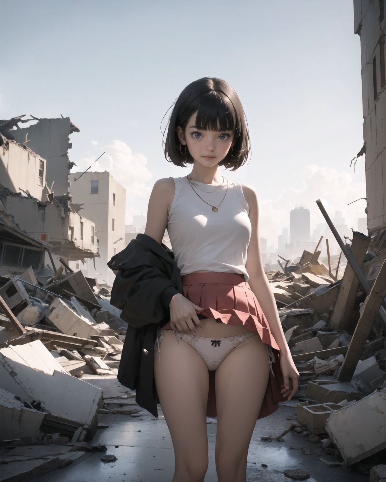 (4 girls:1.7), (4 girls:1.7), 

A pretty, retro, otherworldly girls with clear blue eyes and long black hair, 
(standing in the center of a devastated future city:1.4),
She looks around at the ruins around her with a mixture of surprise and determination.
(Close-up shot of her: 1.3),
She walks slowly through the ruined future city,
(frontal shot:1.5),
She is wearing sci-fi futuristic clothing with intricate patterns, her clothes are slightly torn and stained.

She is staring at the horizon, contemplating her next move.
The image depicts the fresh look of a young girl in an urban landscape of low-rise buildings reduced to rubble.

Blake.

Standing with shoes together and legs open,
high expression, covering her face with her hands and supporting her head,
BREAK 15 years old, breasts,
(bangs in chignon, bob cut, hair ends 1.3),
Round eyes

BREAK
(Uniform, plain white shirt, sleeveless, shirt in: 1),
(plain red ribbon: 1.1)
(skirt slightly lifted, panties are visible:1.6), 


BREAK
(Pleated skirt, Miniskirt:1.2), (Plain white socks:1.2), Loafers

BLAKE


The clear blue sky overhead contrasts with the devastation on the ground.
Golden Hour,
(Post-Apocalypse:1.2), Zentangle, a futuristic, otherworldly fantasy world,
Around her, crumbling buildings and piles of rubble create a chaotic landscape.
The soft golden light of the setting sun illuminates the area, casting long shadows and bringing out the details of the rubble.

[post apocalyptic crumbling world as shown in the photograph, broken architecture, skyscrapers in the distance, corrosion of all kinds: 0.5],
Post apocalyptic world, otherworldly fantasy worldview, clear air, blue sky and white clouds,

(split screen:-1.3),
(moles:-1.1), (freckles:-1.2), (blotches:-1.3),.