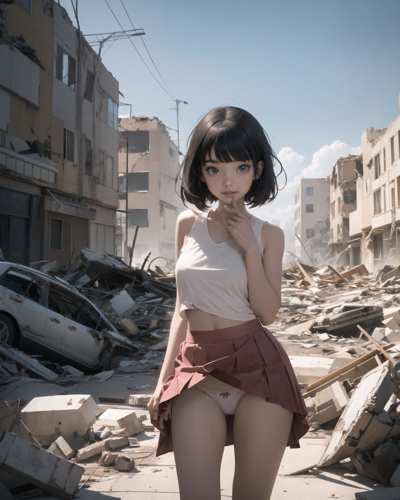 (4 girls:1.7), (4 girls:1.7), 

A pretty, retro, otherworldly girls with clear blue eyes and long black hair, 
(standing in the center of a devastated future city:1.4),
She looks around at the ruins around her with a mixture of surprise and determination.
(Close-up shot of her: 1.3),
She walks slowly through the ruined future city,
(frontal shot:1.5),
She is wearing sci-fi futuristic clothing with intricate patterns, her clothes are slightly torn and stained.

She is staring at the horizon, contemplating her next move.
The image depicts the fresh look of a young girl in an urban landscape of low-rise buildings reduced to rubble.

Blake.

Standing with shoes together and legs open,
high expression, covering her face with her hands and supporting her head,
BREAK 15 years old, breasts,
(bangs in chignon, bob cut, hair ends 1.3),
Round eyes

BREAK
(Uniform, plain white shirt, sleeveless, shirt in: 1),
(plain red ribbon: 1.1)
(skirt slightly lifted, panties are visible:1.6), 


BREAK
(Pleated skirt, Miniskirt:1.2), (Plain white socks:1.2), Loafers

BLAKE


The clear blue sky overhead contrasts with the devastation on the ground.
Golden Hour,
(Post-Apocalypse:1.2), Zentangle, a futuristic, otherworldly fantasy world,
Around her, crumbling buildings and piles of rubble create a chaotic landscape.
The soft golden light of the setting sun illuminates the area, casting long shadows and bringing out the details of the rubble.

[post apocalyptic crumbling world as shown in the photograph, broken architecture, skyscrapers in the distance, corrosion of all kinds: 0.5],
Post apocalyptic world, otherworldly fantasy worldview, clear air, blue sky and white clouds,

(split screen:-1.3),
(moles:-1.1), (freckles:-1.2), (blotches:-1.3),.