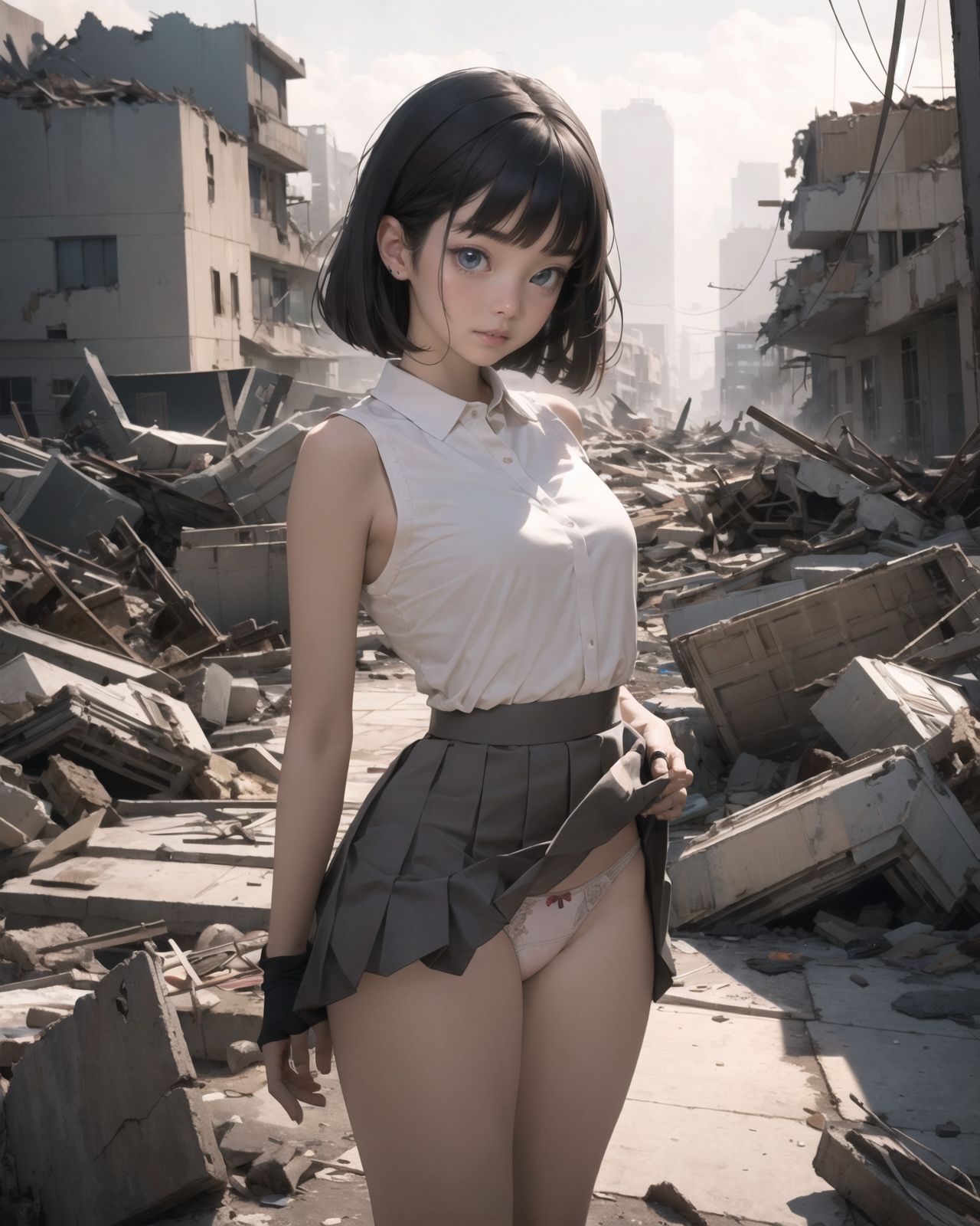 (4 girls:1.7), (4 girls:1.7), 

A pretty, retro, otherworldly girls with clear blue eyes and long black hair, 
(standing in the center of a devastated future city:1.4),
She looks around at the ruins around her with a mixture of surprise and determination.
(Close-up shot of her: 1.3),
She walks slowly through the ruined future city,
(frontal shot:1.5),
She is wearing sci-fi futuristic clothing with intricate patterns, her clothes are slightly torn and stained.

She is staring at the horizon, contemplating her next move.
The image depicts the fresh look of a young girl in an urban landscape of low-rise buildings reduced to rubble.

Blake.

Standing with shoes together and legs open,
high expression, covering her face with her hands and supporting her head,
BREAK 15 years old, breasts,
(bangs in chignon, bob cut, hair ends 1.3),
Round eyes

BREAK
(Uniform, plain white shirt, sleeveless, shirt in: 1),
(plain red ribbon: 1.1)
(skirt slightly lifted, panties are visible:1.6), 


BREAK
(Pleated skirt, Miniskirt:1.2), (Plain white socks:1.2), Loafers

BLAKE


The clear blue sky overhead contrasts with the devastation on the ground.
Golden Hour,
(Post-Apocalypse:1.2), Zentangle, a futuristic, otherworldly fantasy world,
Around her, crumbling buildings and piles of rubble create a chaotic landscape.
The soft golden light of the setting sun illuminates the area, casting long shadows and bringing out the details of the rubble.

[post apocalyptic crumbling world as shown in the photograph, broken architecture, skyscrapers in the distance, corrosion of all kinds: 0.5],
Post apocalyptic world, otherworldly fantasy worldview, clear air, blue sky and white clouds,

(split screen:-1.3),
(moles:-1.1), (freckles:-1.2), (blotches:-1.3),.