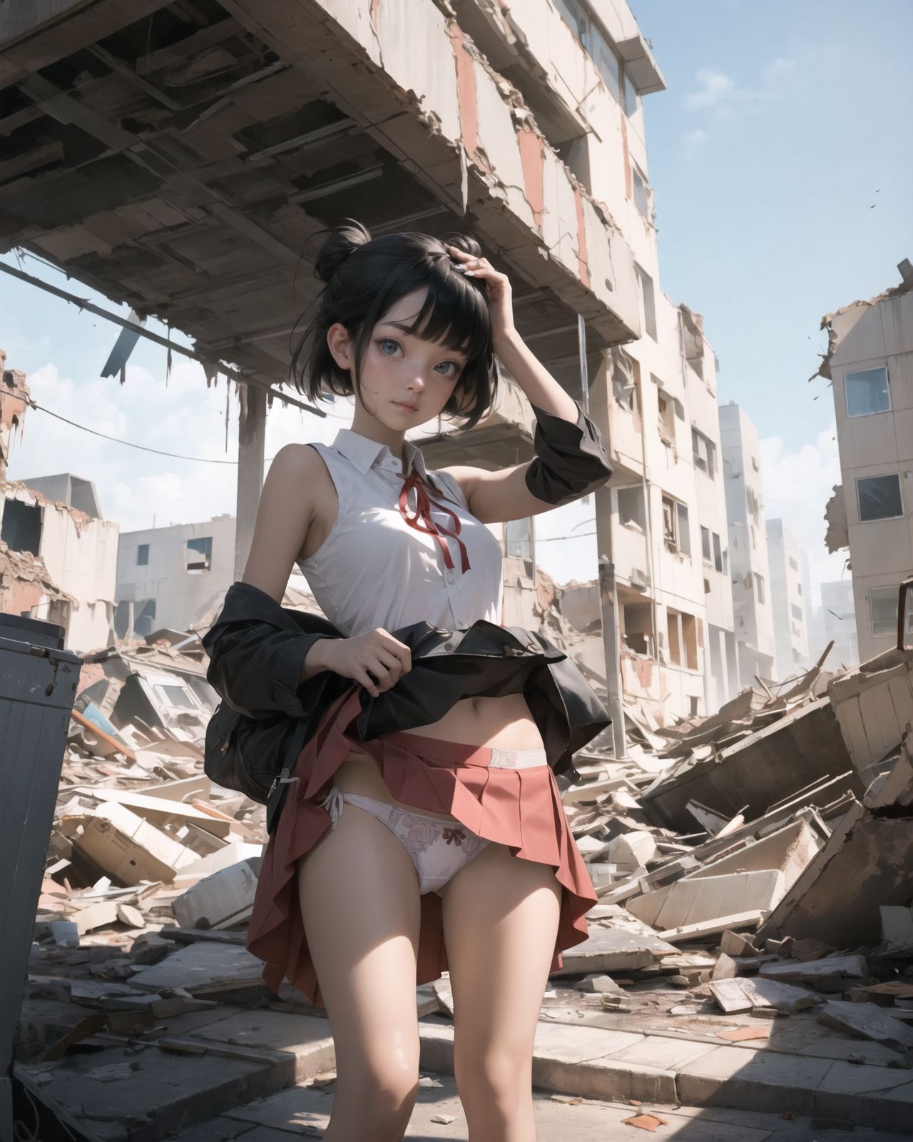 (4 girls:1.7), (4 girls:1.7), 

A pretty, retro, otherworldly girls with clear blue eyes and long black hair, 
(standing in the center of a devastated future city:1.4),
She looks around at the ruins around her with a mixture of surprise and determination.
(Close-up shot of her: 1.3),
She walks slowly through the ruined future city,
(frontal shot:1.5),
She is wearing sci-fi futuristic clothing with intricate patterns, her clothes are slightly torn and stained.

She is staring at the horizon, contemplating her next move.
The image depicts the fresh look of a young girl in an urban landscape of low-rise buildings reduced to rubble.

Blake.

Standing with shoes together and legs open,
high expression, covering her face with her hands and supporting her head,
BREAK 15 years old, breasts,
(bangs in chignon, bob cut, hair ends 1.3),
Round eyes

BREAK
(Uniform, plain white shirt, sleeveless, shirt in: 1),
(plain red ribbon: 1.1)
(skirt slightly lifted, panties are visible:1.6), 


BREAK
(Pleated skirt, Miniskirt:1.2), (Plain white socks:1.2), Loafers

BLAKE


The clear blue sky overhead contrasts with the devastation on the ground.
Golden Hour,
(Post-Apocalypse:1.2), Zentangle, a futuristic, otherworldly fantasy world,
Around her, crumbling buildings and piles of rubble create a chaotic landscape.
The soft golden light of the setting sun illuminates the area, casting long shadows and bringing out the details of the rubble.

[post apocalyptic crumbling world as shown in the photograph, broken architecture, skyscrapers in the distance, corrosion of all kinds: 0.5],
Post apocalyptic world, otherworldly fantasy worldview, clear air, blue sky and white clouds,

(split screen:-1.3),
(moles:-1.1), (freckles:-1.2), (blotches:-1.3),.