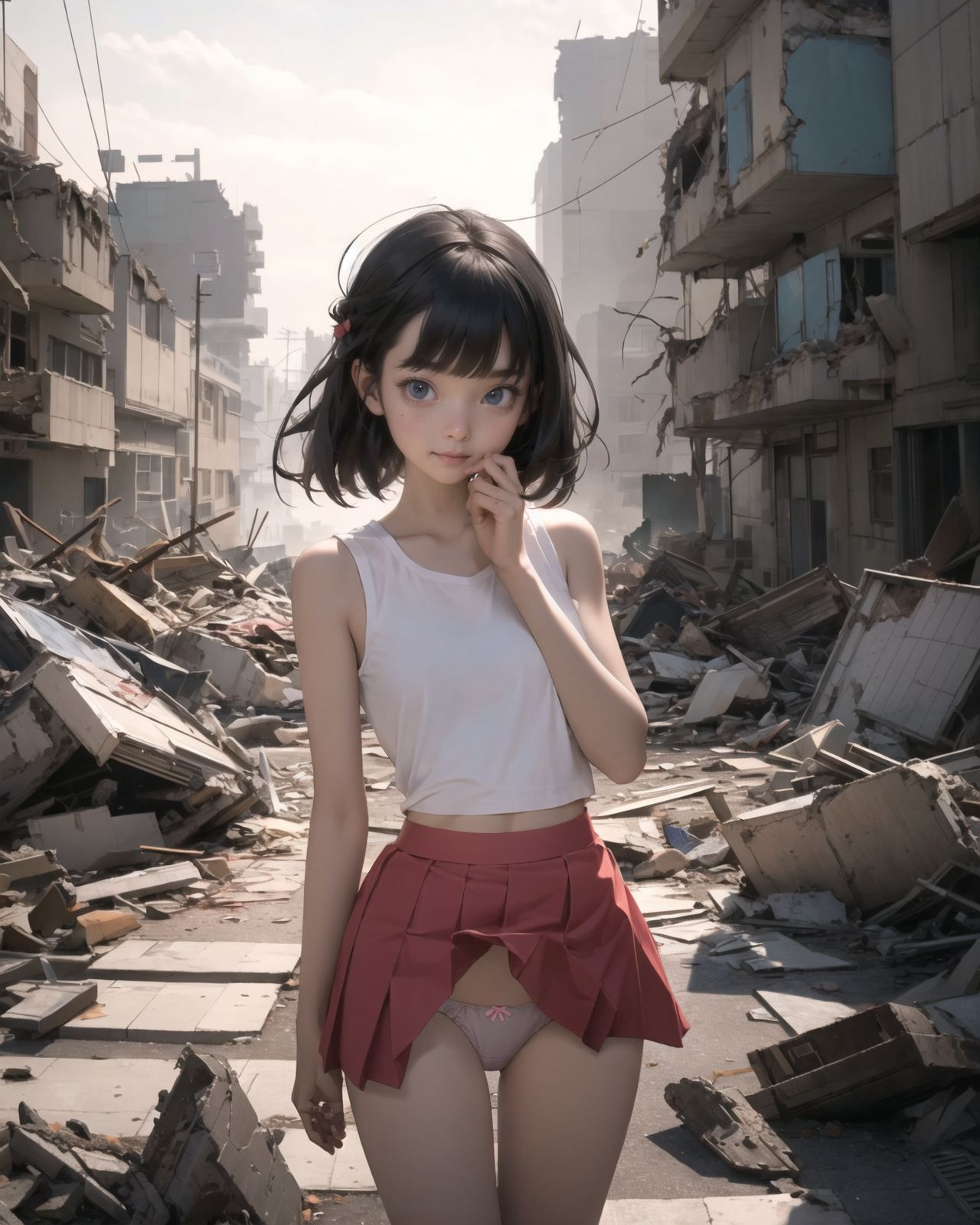 (4 girls:1.7), (4 girls:1.7), 

A pretty, retro, otherworldly girls with clear blue eyes and long black hair, 
(standing in the center of a devastated future city:1.4),
She looks around at the ruins around her with a mixture of surprise and determination.
(Close-up shot of her: 1.3),
She walks slowly through the ruined future city,
(frontal shot:1.5),
She is wearing sci-fi futuristic clothing with intricate patterns, her clothes are slightly torn and stained.

She is staring at the horizon, contemplating her next move.
The image depicts the fresh look of a young girl in an urban landscape of low-rise buildings reduced to rubble.

Blake.

Standing with shoes together and legs open,
high expression, covering her face with her hands and supporting her head,
BREAK 15 years old, breasts,
(bangs in chignon, bob cut, hair ends 1.3),
Round eyes

BREAK
(Uniform, plain white shirt, sleeveless, shirt in: 1),
(plain red ribbon: 1.1)
(skirt slightly lifted, panties are visible:1.6), 


BREAK
(Pleated skirt, Miniskirt:1.2), (Plain white socks:1.2), Loafers

BLAKE


The clear blue sky overhead contrasts with the devastation on the ground.
Golden Hour,
(Post-Apocalypse:1.2), Zentangle, a futuristic, otherworldly fantasy world,
Around her, crumbling buildings and piles of rubble create a chaotic landscape.
The soft golden light of the setting sun illuminates the area, casting long shadows and bringing out the details of the rubble.

[post apocalyptic crumbling world as shown in the photograph, broken architecture, skyscrapers in the distance, corrosion of all kinds: 0.5],
Post apocalyptic world, otherworldly fantasy worldview, clear air, blue sky and white clouds,

(split screen:-1.3),
(moles:-1.1), (freckles:-1.2), (blotches:-1.3),.