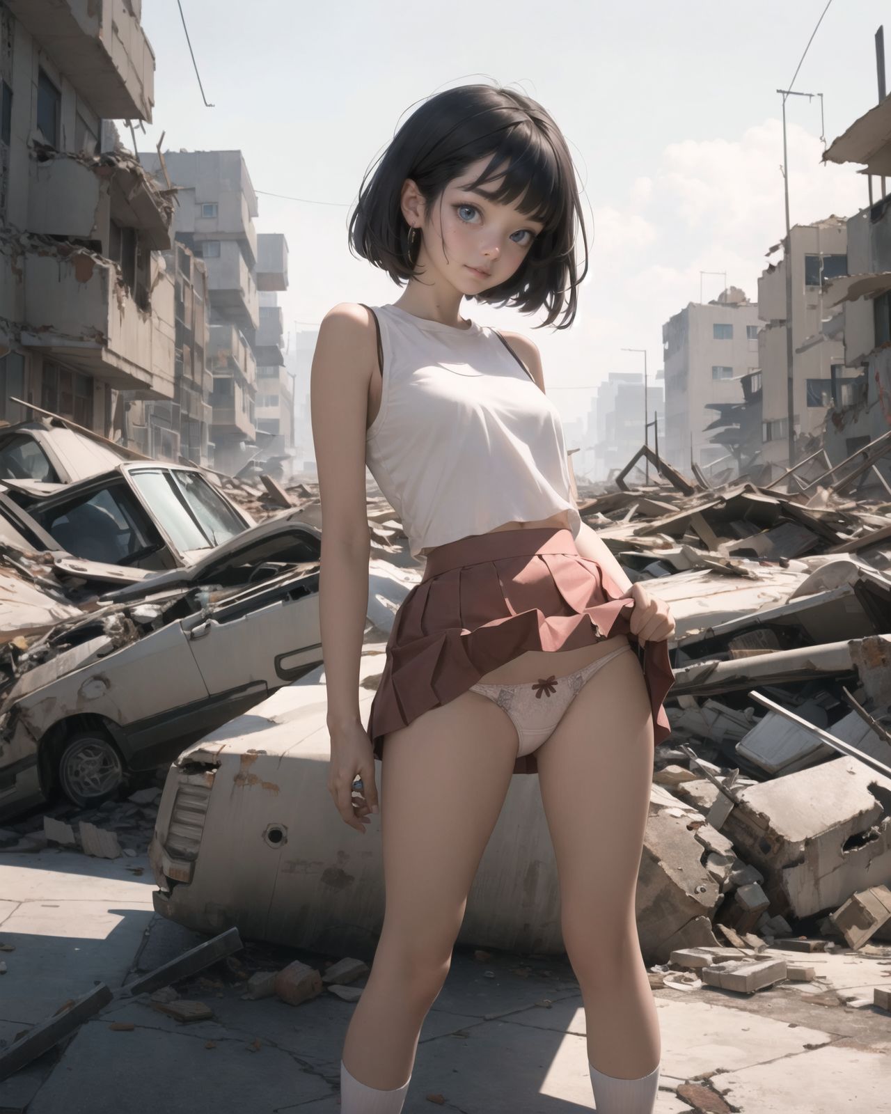 (4 girls:1.7), (4 girls:1.7), 

A pretty, retro, otherworldly girls with clear blue eyes and long black hair, 
(standing in the center of a devastated future city:1.4),
She looks around at the ruins around her with a mixture of surprise and determination.
(Close-up shot of her: 1.3),
She walks slowly through the ruined future city,
(frontal shot:1.5),
She is wearing sci-fi futuristic clothing with intricate patterns, her clothes are slightly torn and stained.

She is staring at the horizon, contemplating her next move.
The image depicts the fresh look of a young girl in an urban landscape of low-rise buildings reduced to rubble.

Blake.

Standing with shoes together and legs open,
high expression, covering her face with her hands and supporting her head,
BREAK 15 years old, breasts,
(bangs in chignon, bob cut, hair ends 1.3),
Round eyes

BREAK
(Uniform, plain white shirt, sleeveless, shirt in: 1),
(plain red ribbon: 1.1)
(skirt slightly lifted, panties are visible:1.6), 


BREAK
(Pleated skirt, Miniskirt:1.2), (Plain white socks:1.2), Loafers

BLAKE


The clear blue sky overhead contrasts with the devastation on the ground.
Golden Hour,
(Post-Apocalypse:1.2), Zentangle, a futuristic, otherworldly fantasy world,
Around her, crumbling buildings and piles of rubble create a chaotic landscape.
The soft golden light of the setting sun illuminates the area, casting long shadows and bringing out the details of the rubble.

[post apocalyptic crumbling world as shown in the photograph, broken architecture, skyscrapers in the distance, corrosion of all kinds: 0.5],
Post apocalyptic world, otherworldly fantasy worldview, clear air, blue sky and white clouds,

(split screen:-1.3),
(moles:-1.1), (freckles:-1.2), (blotches:-1.3),.