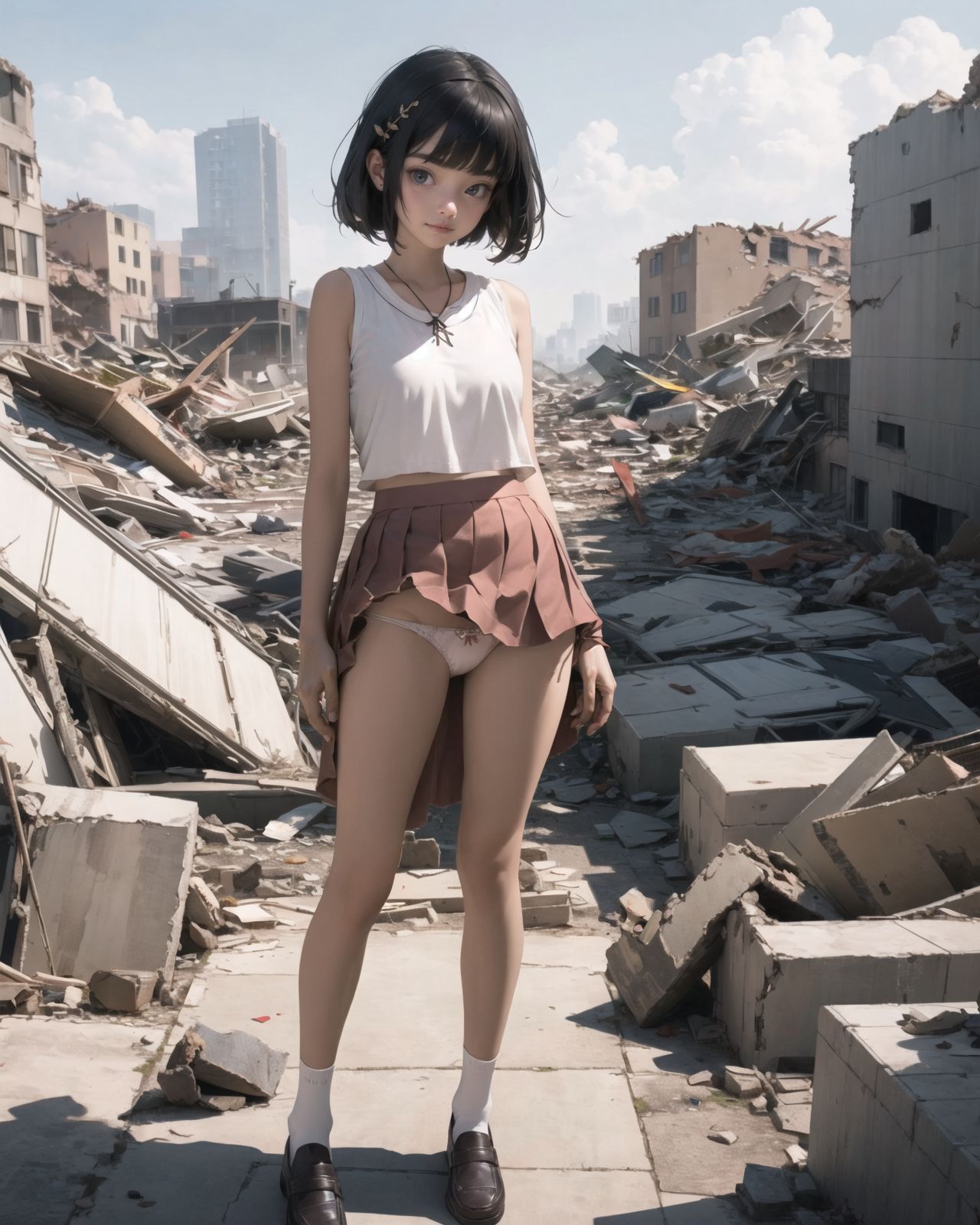 (4 girls:1.7), (4 girls:1.7), 

A pretty, retro, otherworldly girls with clear blue eyes and long black hair, 
(standing in the center of a devastated future city:1.4),
She looks around at the ruins around her with a mixture of surprise and determination.
(Close-up shot of her: 1.3),
She walks slowly through the ruined future city,
(frontal shot:1.5),
She is wearing sci-fi futuristic clothing with intricate patterns, her clothes are slightly torn and stained.

She is staring at the horizon, contemplating her next move.
The image depicts the fresh look of a young girl in an urban landscape of low-rise buildings reduced to rubble.

Blake.

Standing with shoes together and legs open,
high expression, covering her face with her hands and supporting her head,
BREAK 15 years old, breasts,
(bangs in chignon, bob cut, hair ends 1.3),
Round eyes

BREAK
(Uniform, plain white shirt, sleeveless, shirt in: 1),
(plain red ribbon: 1.1)
(skirt slightly lifted, panties are visible:1.6), 


BREAK
(Pleated skirt, Miniskirt:1.2), (Plain white socks:1.2), Loafers

BLAKE


The clear blue sky overhead contrasts with the devastation on the ground.
Golden Hour,
(Post-Apocalypse:1.2), Zentangle, a futuristic, otherworldly fantasy world,
Around her, crumbling buildings and piles of rubble create a chaotic landscape.
The soft golden light of the setting sun illuminates the area, casting long shadows and bringing out the details of the rubble.

[post apocalyptic crumbling world as shown in the photograph, broken architecture, skyscrapers in the distance, corrosion of all kinds: 0.5],
Post apocalyptic world, otherworldly fantasy worldview, clear air, blue sky and white clouds,

(split screen:-1.3),
(moles:-1.1), (freckles:-1.2), (blotches:-1.3),.