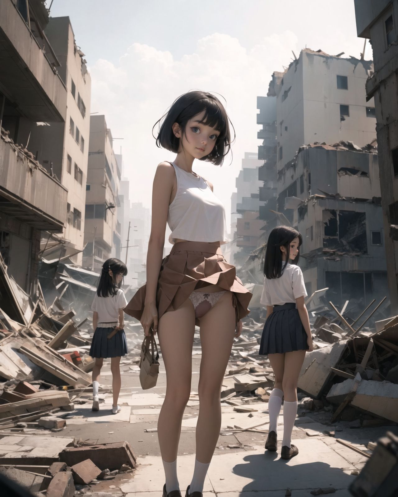 (4 girls:1.7), (4 girls:1.7), 

A pretty, retro, otherworldly girls with clear blue eyes and long black hair, 
(standing in the center of a devastated future city:1.4),
She looks around at the ruins around her with a mixture of surprise and determination.
(Close-up shot of her: 1.3),
She walks slowly through the ruined future city,
(frontal shot:1.5),
She is wearing sci-fi futuristic clothing with intricate patterns, her clothes are slightly torn and stained.

She is staring at the horizon, contemplating her next move.
The image depicts the fresh look of a young girl in an urban landscape of low-rise buildings reduced to rubble.

Blake.

Standing with shoes together and legs open,
high expression, covering her face with her hands and supporting her head,
BREAK 15 years old, breasts,
(bangs in chignon, bob cut, hair ends 1.3),
Round eyes

BREAK
(Uniform, plain white shirt, sleeveless, shirt in: 1),
(plain red ribbon: 1.1)
(skirt slightly lifted, panties are visible:1.6), 


BREAK
(Pleated skirt, Miniskirt:1.2), (Plain white socks:1.2), Loafers

BLAKE


The clear blue sky overhead contrasts with the devastation on the ground.
Golden Hour,
(Post-Apocalypse:1.2), Zentangle, a futuristic, otherworldly fantasy world,
Around her, crumbling buildings and piles of rubble create a chaotic landscape.
The soft golden light of the setting sun illuminates the area, casting long shadows and bringing out the details of the rubble.

[post apocalyptic crumbling world as shown in the photograph, broken architecture, skyscrapers in the distance, corrosion of all kinds: 0.5],
Post apocalyptic world, otherworldly fantasy worldview, clear air, blue sky and white clouds,

(split screen:-1.3),
(moles:-1.1), (freckles:-1.2), (blotches:-1.3),.