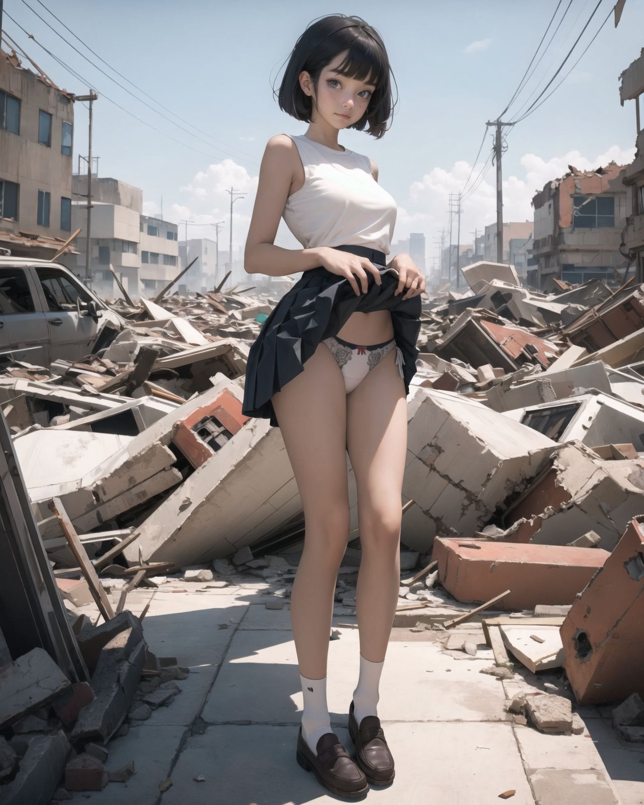 (4 girls:1.7), (4 girls:1.7), 

A pretty, retro, otherworldly girls with clear blue eyes and long black hair, 
(standing in the center of a devastated future city:1.4),
She looks around at the ruins around her with a mixture of surprise and determination.
(Close-up shot of her: 1.3),
She walks slowly through the ruined future city,
(frontal shot:1.5),
She is wearing sci-fi futuristic clothing with intricate patterns, her clothes are slightly torn and stained.

She is staring at the horizon, contemplating her next move.
The image depicts the fresh look of a young girl in an urban landscape of low-rise buildings reduced to rubble.

Blake.

Standing with shoes together and legs open,
high expression, covering her face with her hands and supporting her head,
BREAK 15 years old, breasts,
(bangs in chignon, bob cut, hair ends 1.3),
Round eyes

BREAK
(Uniform, plain white shirt, sleeveless, shirt in: 1),
(plain red ribbon: 1.1)
(skirt slightly lifted, panties are visible:1.6), 


BREAK
(Pleated skirt, Miniskirt:1.2), (Plain white socks:1.2), Loafers

BLAKE


The clear blue sky overhead contrasts with the devastation on the ground.
Golden Hour,
(Post-Apocalypse:1.2), Zentangle, a futuristic, otherworldly fantasy world,
Around her, crumbling buildings and piles of rubble create a chaotic landscape.
The soft golden light of the setting sun illuminates the area, casting long shadows and bringing out the details of the rubble.

[post apocalyptic crumbling world as shown in the photograph, broken architecture, skyscrapers in the distance, corrosion of all kinds: 0.5],
Post apocalyptic world, otherworldly fantasy worldview, clear air, blue sky and white clouds,

(split screen:-1.3),
(moles:-1.1), (freckles:-1.2), (blotches:-1.3),.