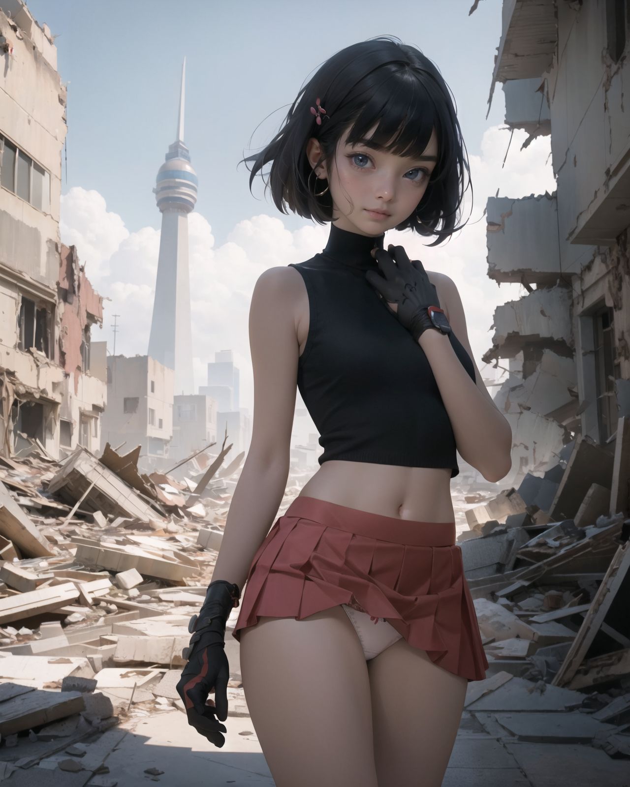 (4 girls:1.7), (4 girls:1.7), 

A pretty, retro, otherworldly girls with clear blue eyes and long black hair, 
(standing in the center of a devastated future city:1.4),
She looks around at the ruins around her with a mixture of surprise and determination.
(Close-up shot of her: 1.3),
She walks slowly through the ruined future city,
(frontal shot:1.5),
She is wearing sci-fi futuristic clothing with intricate patterns, her clothes are slightly torn and stained.

She is staring at the horizon, contemplating her next move.
The image depicts the fresh look of a young girl in an urban landscape of low-rise buildings reduced to rubble.

Blake.

Standing with shoes together and legs open,
high expression, covering her face with her hands and supporting her head,
BREAK 15 years old, breasts,
(bangs in chignon, bob cut, hair ends 1.3),
Round eyes

BREAK
(Uniform, plain white shirt, sleeveless, shirt in: 1),
(plain red ribbon: 1.1)
(skirt slightly lifted, panties are visible:1.6), 


BREAK
(Pleated skirt, Miniskirt:1.2), (Plain white socks:1.2), Loafers

BLAKE


The clear blue sky overhead contrasts with the devastation on the ground.
Golden Hour,
(Post-Apocalypse:1.2), Zentangle, a futuristic, otherworldly fantasy world,
Around her, crumbling buildings and piles of rubble create a chaotic landscape.
The soft golden light of the setting sun illuminates the area, casting long shadows and bringing out the details of the rubble.

[post apocalyptic crumbling world as shown in the photograph, broken architecture, skyscrapers in the distance, corrosion of all kinds: 0.5],
Post apocalyptic world, otherworldly fantasy worldview, clear air, blue sky and white clouds,

(split screen:-1.3),
(moles:-1.1), (freckles:-1.2), (blotches:-1.3),.