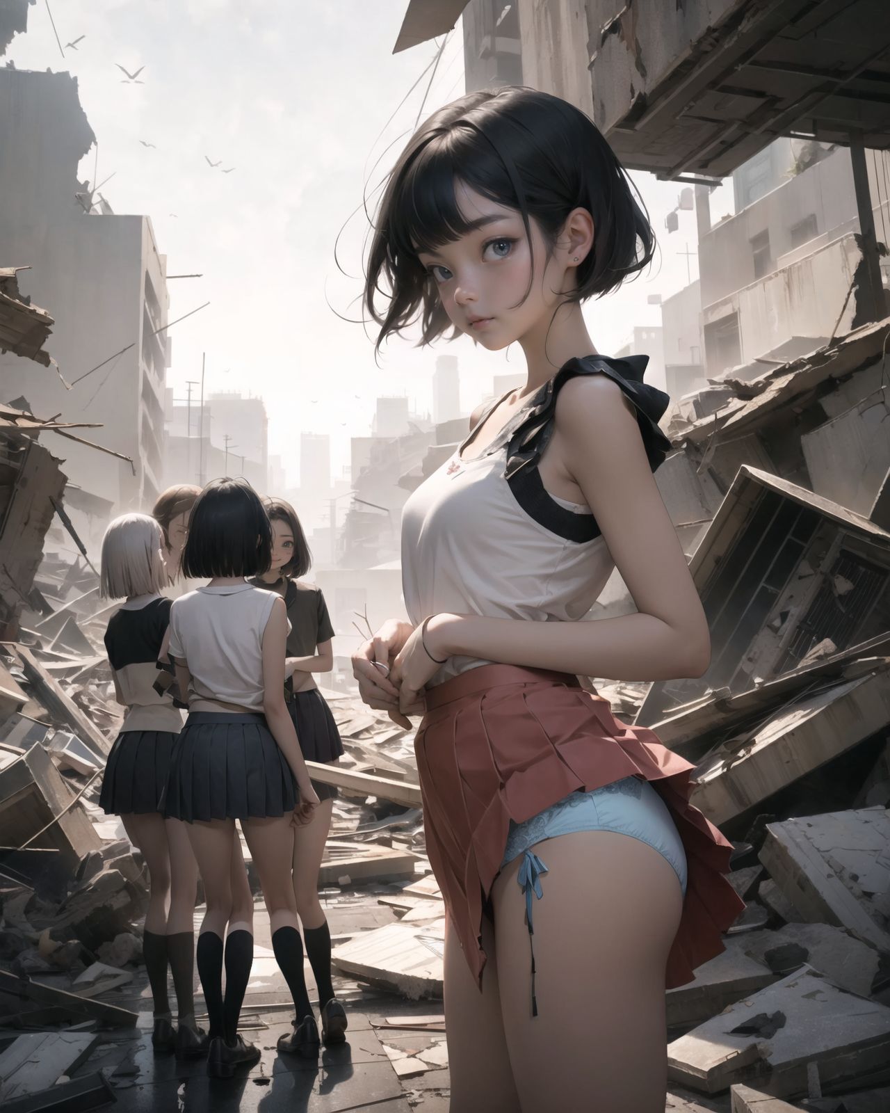 (4 girls:1.7), (4 girls:1.7), 

A pretty, retro, otherworldly girls with clear blue eyes and long black hair, 
(standing in the center of a devastated future city:1.4),
She looks around at the ruins around her with a mixture of surprise and determination.
(Close-up shot of her: 1.3),
She walks slowly through the ruined future city,
(frontal shot:1.5),
She is wearing sci-fi futuristic clothing with intricate patterns, her clothes are slightly torn and stained.

She is staring at the horizon, contemplating her next move.
The image depicts the fresh look of a young girl in an urban landscape of low-rise buildings reduced to rubble.

Blake.

Standing with shoes together and legs open,
high expression, covering her face with her hands and supporting her head,
BREAK 15 years old, breasts,
(bangs in chignon, bob cut, hair ends 1.3),
Round eyes

BREAK
(Uniform, plain white shirt, sleeveless, shirt in: 1),
(plain red ribbon: 1.1)
(skirt slightly lifted, panties are visible:1.6), 


BREAK
(Pleated skirt, Miniskirt:1.2), (Plain white socks:1.2), Loafers

BLAKE


The clear blue sky overhead contrasts with the devastation on the ground.
Golden Hour,
(Post-Apocalypse:1.2), Zentangle, a futuristic, otherworldly fantasy world,
Around her, crumbling buildings and piles of rubble create a chaotic landscape.
The soft golden light of the setting sun illuminates the area, casting long shadows and bringing out the details of the rubble.

[post apocalyptic crumbling world as shown in the photograph, broken architecture, skyscrapers in the distance, corrosion of all kinds: 0.5],
Post apocalyptic world, otherworldly fantasy worldview, clear air, blue sky and white clouds,

(split screen:-1.3),
(moles:-1.1), (freckles:-1.2), (blotches:-1.3),.