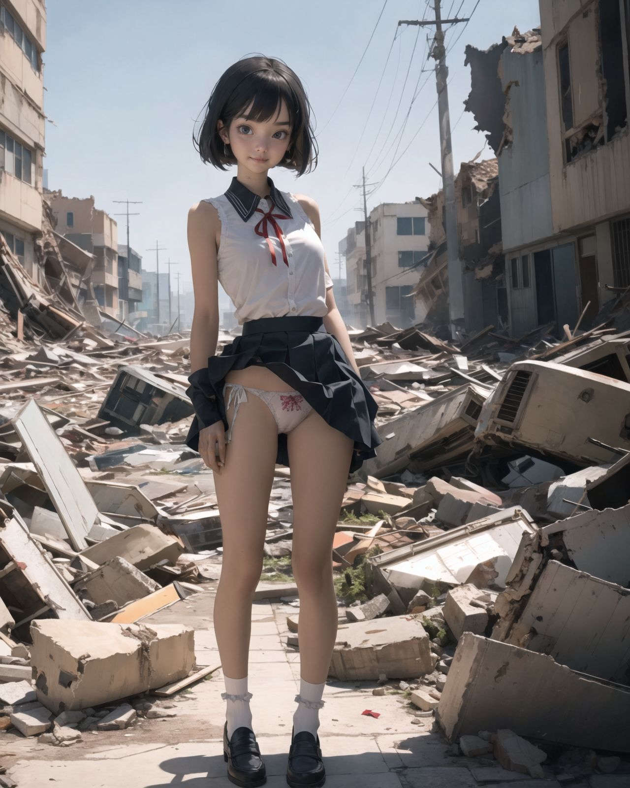 (4 girls:1.7), (4 girls:1.7), 

A pretty, retro, otherworldly girls with clear blue eyes and long black hair, 
(standing in the center of a devastated future city:1.4),
She looks around at the ruins around her with a mixture of surprise and determination.
(Close-up shot of her: 1.3),
She walks slowly through the ruined future city,
(frontal shot:1.5),
She is wearing sci-fi futuristic clothing with intricate patterns, her clothes are slightly torn and stained.

She is staring at the horizon, contemplating her next move.
The image depicts the fresh look of a young girl in an urban landscape of low-rise buildings reduced to rubble.

Blake.

Standing with shoes together and legs open,
high expression, covering her face with her hands and supporting her head,
BREAK 15 years old, breasts,
(bangs in chignon, bob cut, hair ends 1.3),
Round eyes

BREAK
(Uniform, plain white shirt, sleeveless, shirt in: 1),
(plain red ribbon: 1.1)
(skirt slightly lifted, panties are visible:1.6), 


BREAK
(Pleated skirt, Miniskirt:1.2), (Plain white socks:1.2), Loafers

BLAKE


The clear blue sky overhead contrasts with the devastation on the ground.
Golden Hour,
(Post-Apocalypse:1.2), Zentangle, a futuristic, otherworldly fantasy world,
Around her, crumbling buildings and piles of rubble create a chaotic landscape.
The soft golden light of the setting sun illuminates the area, casting long shadows and bringing out the details of the rubble.

[post apocalyptic crumbling world as shown in the photograph, broken architecture, skyscrapers in the distance, corrosion of all kinds: 0.5],
Post apocalyptic world, otherworldly fantasy worldview, clear air, blue sky and white clouds,

(split screen:-1.3),
(moles:-1.1), (freckles:-1.2), (blotches:-1.3),.