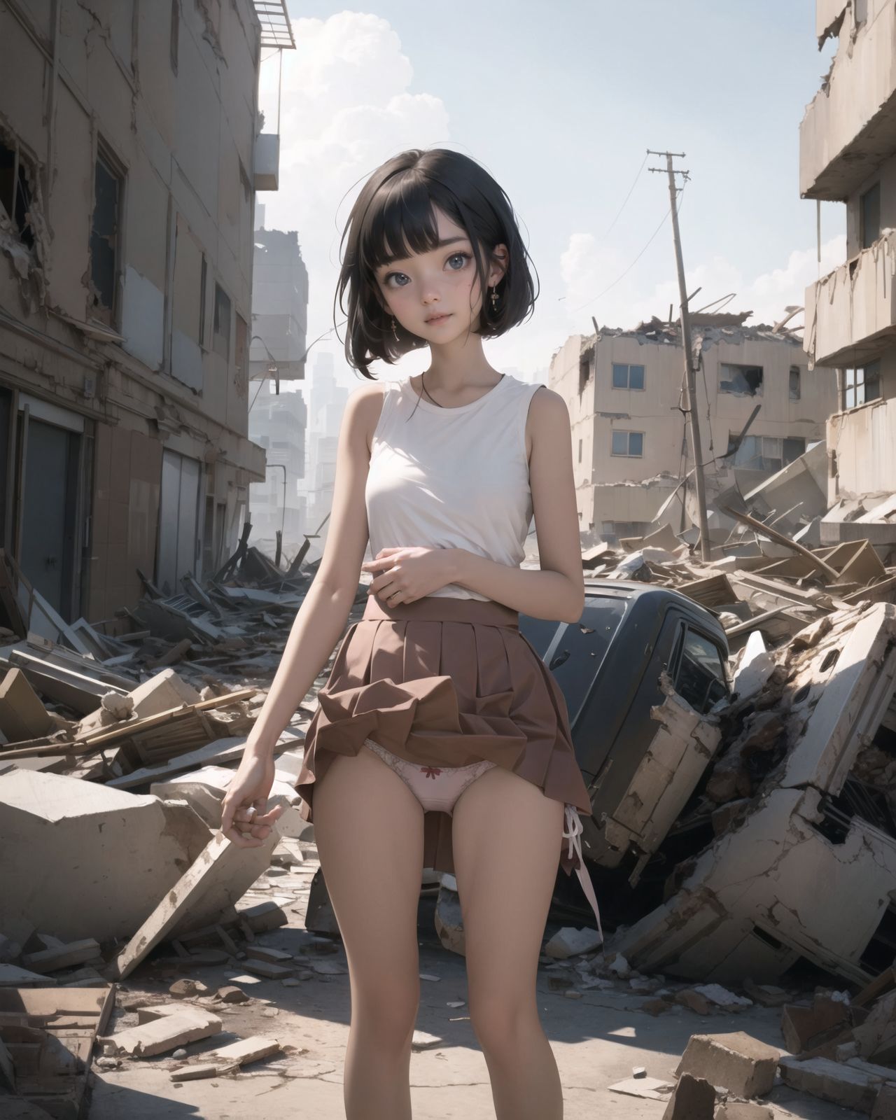 (4 girls:1.7), (4 girls:1.7), 

A pretty, retro, otherworldly girls with clear blue eyes and long black hair, 
(standing in the center of a devastated future city:1.4),
She looks around at the ruins around her with a mixture of surprise and determination.
(Close-up shot of her: 1.3),
She walks slowly through the ruined future city,
(frontal shot:1.5),
She is wearing sci-fi futuristic clothing with intricate patterns, her clothes are slightly torn and stained.

She is staring at the horizon, contemplating her next move.
The image depicts the fresh look of a young girl in an urban landscape of low-rise buildings reduced to rubble.

Blake.

Standing with shoes together and legs open,
high expression, covering her face with her hands and supporting her head,
BREAK 15 years old, breasts,
(bangs in chignon, bob cut, hair ends 1.3),
Round eyes

BREAK
(Uniform, plain white shirt, sleeveless, shirt in: 1),
(plain red ribbon: 1.1)
(skirt slightly lifted, panties are visible:1.6), 


BREAK
(Pleated skirt, Miniskirt:1.2), (Plain white socks:1.2), Loafers

BLAKE


The clear blue sky overhead contrasts with the devastation on the ground.
Golden Hour,
(Post-Apocalypse:1.2), Zentangle, a futuristic, otherworldly fantasy world,
Around her, crumbling buildings and piles of rubble create a chaotic landscape.
The soft golden light of the setting sun illuminates the area, casting long shadows and bringing out the details of the rubble.

[post apocalyptic crumbling world as shown in the photograph, broken architecture, skyscrapers in the distance, corrosion of all kinds: 0.5],
Post apocalyptic world, otherworldly fantasy worldview, clear air, blue sky and white clouds,

(split screen:-1.3),
(moles:-1.1), (freckles:-1.2), (blotches:-1.3),.