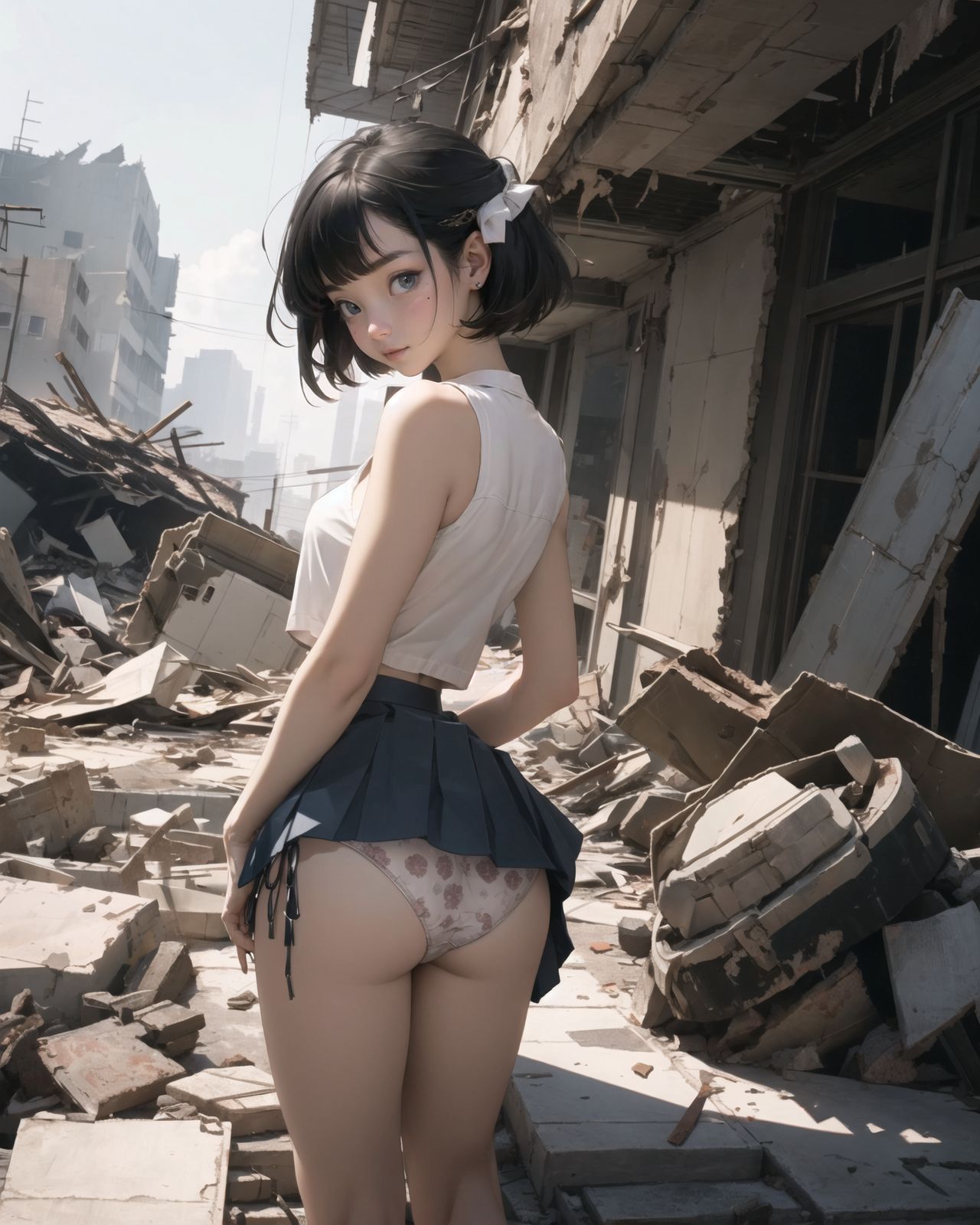 (4 girls:1.7), (4 girls:1.7), 

A pretty, retro, otherworldly girls with clear blue eyes and long black hair, 
(standing in the center of a devastated future city:1.4),
She looks around at the ruins around her with a mixture of surprise and determination.
(Close-up shot of her: 1.3),
She walks slowly through the ruined future city,
(frontal shot:1.5),
She is wearing sci-fi futuristic clothing with intricate patterns, her clothes are slightly torn and stained.

She is staring at the horizon, contemplating her next move.
The image depicts the fresh look of a young girl in an urban landscape of low-rise buildings reduced to rubble.

Blake.

Standing with shoes together and legs open,
high expression, covering her face with her hands and supporting her head,
BREAK 15 years old, breasts,
(bangs in chignon, bob cut, hair ends 1.3),
Round eyes

BREAK
(Uniform, plain white shirt, sleeveless, shirt in: 1),
(plain red ribbon: 1.1)
(skirt slightly lifted, panties are visible:1.6), 


BREAK
(Pleated skirt, Miniskirt:1.2), (Plain white socks:1.2), Loafers

BLAKE


The clear blue sky overhead contrasts with the devastation on the ground.
Golden Hour,
(Post-Apocalypse:1.2), Zentangle, a futuristic, otherworldly fantasy world,
Around her, crumbling buildings and piles of rubble create a chaotic landscape.
The soft golden light of the setting sun illuminates the area, casting long shadows and bringing out the details of the rubble.

[post apocalyptic crumbling world as shown in the photograph, broken architecture, skyscrapers in the distance, corrosion of all kinds: 0.5],
Post apocalyptic world, otherworldly fantasy worldview, clear air, blue sky and white clouds,

(split screen:-1.3),
(moles:-1.1), (freckles:-1.2), (blotches:-1.3),.