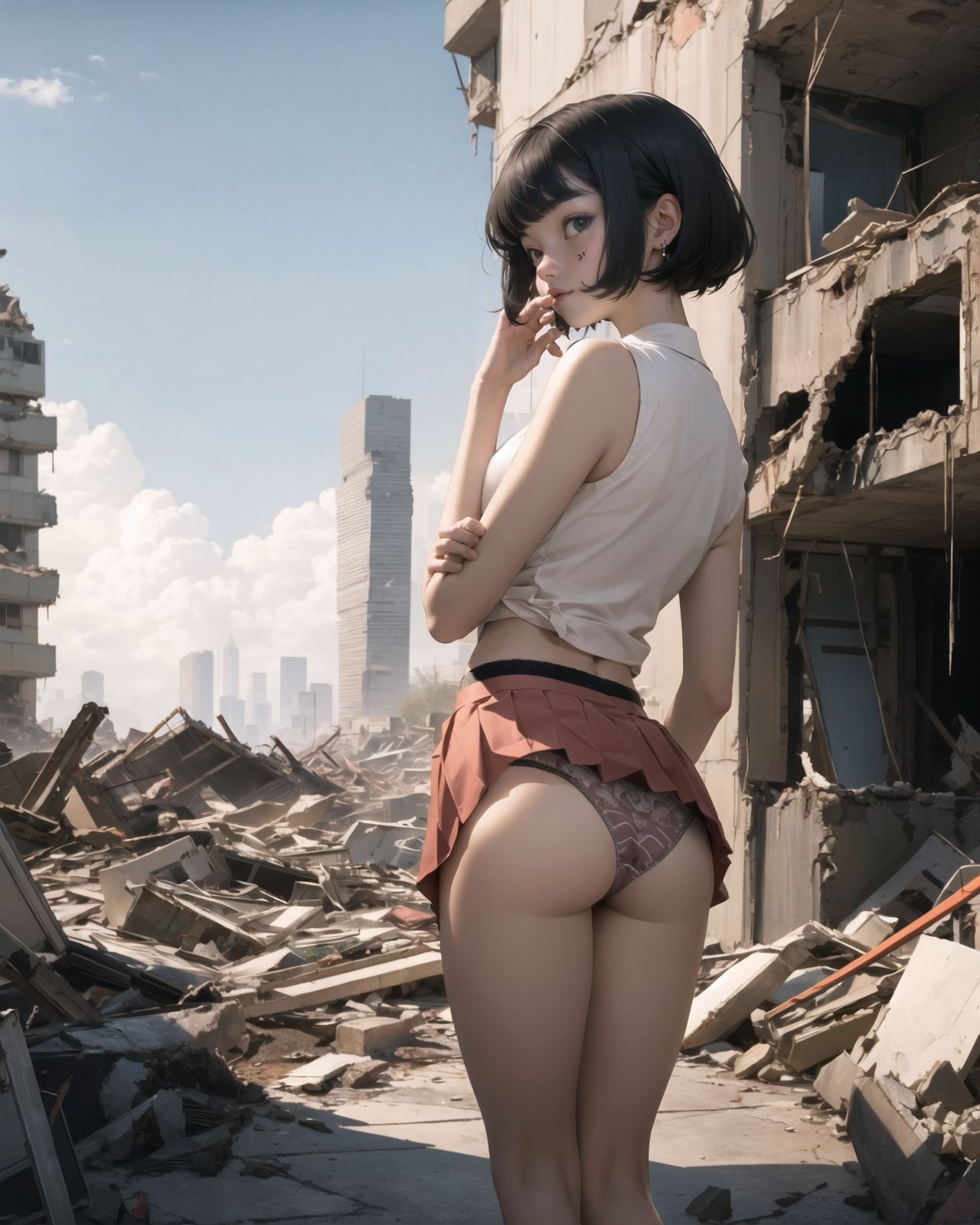 (4 girls:1.7), (4 girls:1.7), 

A pretty, retro, otherworldly girls with clear blue eyes and long black hair, 
(standing in the center of a devastated future city:1.4),
She looks around at the ruins around her with a mixture of surprise and determination.
(Close-up shot of her: 1.3),
She walks slowly through the ruined future city,
(frontal shot:1.5),
She is wearing sci-fi futuristic clothing with intricate patterns, her clothes are slightly torn and stained.

She is staring at the horizon, contemplating her next move.
The image depicts the fresh look of a young girl in an urban landscape of low-rise buildings reduced to rubble.

Blake.

Standing with shoes together and legs open,
high expression, covering her face with her hands and supporting her head,
BREAK 15 years old, breasts,
(bangs in chignon, bob cut, hair ends 1.3),
Round eyes

BREAK
(Uniform, plain white shirt, sleeveless, shirt in: 1),
(plain red ribbon: 1.1)
(skirt slightly lifted, panties are visible:1.6), 


BREAK
(Pleated skirt, Miniskirt:1.2), (Plain white socks:1.2), Loafers

BLAKE


The clear blue sky overhead contrasts with the devastation on the ground.
Golden Hour,
(Post-Apocalypse:1.2), Zentangle, a futuristic, otherworldly fantasy world,
Around her, crumbling buildings and piles of rubble create a chaotic landscape.
The soft golden light of the setting sun illuminates the area, casting long shadows and bringing out the details of the rubble.

[post apocalyptic crumbling world as shown in the photograph, broken architecture, skyscrapers in the distance, corrosion of all kinds: 0.5],
Post apocalyptic world, otherworldly fantasy worldview, clear air, blue sky and white clouds,

(split screen:-1.3),
(moles:-1.1), (freckles:-1.2), (blotches:-1.3),.