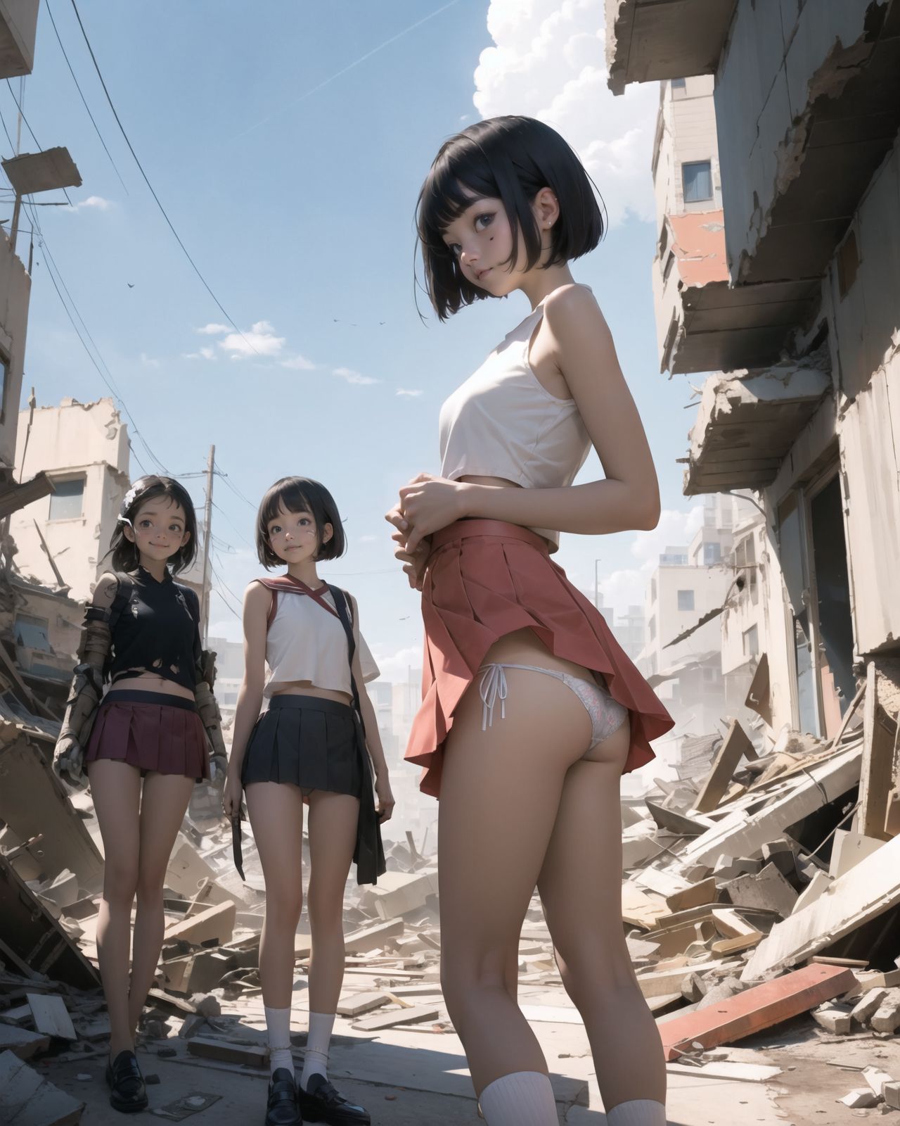 (4 girls:1.7), (4 girls:1.7), 

A pretty, retro, otherworldly girls with clear blue eyes and long black hair, 
(standing in the center of a devastated future city:1.4),
She looks around at the ruins around her with a mixture of surprise and determination.
(Close-up shot of her: 1.3),
She walks slowly through the ruined future city,
(frontal shot:1.5),
She is wearing sci-fi futuristic clothing with intricate patterns, her clothes are slightly torn and stained.

She is staring at the horizon, contemplating her next move.
The image depicts the fresh look of a young girl in an urban landscape of low-rise buildings reduced to rubble.

Blake.

Standing with shoes together and legs open,
high expression, covering her face with her hands and supporting her head,
BREAK 15 years old, breasts,
(bangs in chignon, bob cut, hair ends 1.3),
Round eyes

BREAK
(Uniform, plain white shirt, sleeveless, shirt in: 1),
(plain red ribbon: 1.1)
(skirt slightly lifted, panties are visible:1.6), 


BREAK
(Pleated skirt, Miniskirt:1.2), (Plain white socks:1.2), Loafers

BLAKE


The clear blue sky overhead contrasts with the devastation on the ground.
Golden Hour,
(Post-Apocalypse:1.2), Zentangle, a futuristic, otherworldly fantasy world,
Around her, crumbling buildings and piles of rubble create a chaotic landscape.
The soft golden light of the setting sun illuminates the area, casting long shadows and bringing out the details of the rubble.

[post apocalyptic crumbling world as shown in the photograph, broken architecture, skyscrapers in the distance, corrosion of all kinds: 0.5],
Post apocalyptic world, otherworldly fantasy worldview, clear air, blue sky and white clouds,

(split screen:-1.3),
(moles:-1.1), (freckles:-1.2), (blotches:-1.3),.