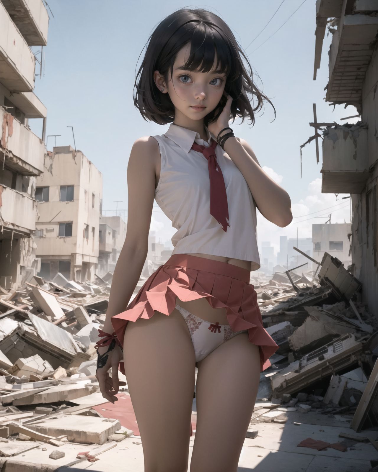 (4 girls:1.7), (4 girls:1.7), 

A pretty, retro, otherworldly girls with clear blue eyes and long black hair, 
(standing in the center of a devastated future city:1.4),
She looks around at the ruins around her with a mixture of surprise and determination.
(Close-up shot of her: 1.3),
She walks slowly through the ruined future city,
(frontal shot:1.5),
She is wearing sci-fi futuristic clothing with intricate patterns, her clothes are slightly torn and stained.

She is staring at the horizon, contemplating her next move.
The image depicts the fresh look of a young girl in an urban landscape of low-rise buildings reduced to rubble.

Blake.

Standing with shoes together and legs open,
high expression, covering her face with her hands and supporting her head,
BREAK 15 years old, breasts,
(bangs in chignon, bob cut, hair ends 1.3),
Round eyes

BREAK
(Uniform, plain white shirt, sleeveless, shirt in: 1),
(plain red ribbon: 1.1)
(skirt slightly lifted, panties are visible:1.6), 


BREAK
(Pleated skirt, Miniskirt:1.2), (Plain white socks:1.2), Loafers

BLAKE


The clear blue sky overhead contrasts with the devastation on the ground.
Golden Hour,
(Post-Apocalypse:1.2), Zentangle, a futuristic, otherworldly fantasy world,
Around her, crumbling buildings and piles of rubble create a chaotic landscape.
The soft golden light of the setting sun illuminates the area, casting long shadows and bringing out the details of the rubble.

[post apocalyptic crumbling world as shown in the photograph, broken architecture, skyscrapers in the distance, corrosion of all kinds: 0.5],
Post apocalyptic world, otherworldly fantasy worldview, clear air, blue sky and white clouds,

(split screen:-1.3),
(moles:-1.1), (freckles:-1.2), (blotches:-1.3),.