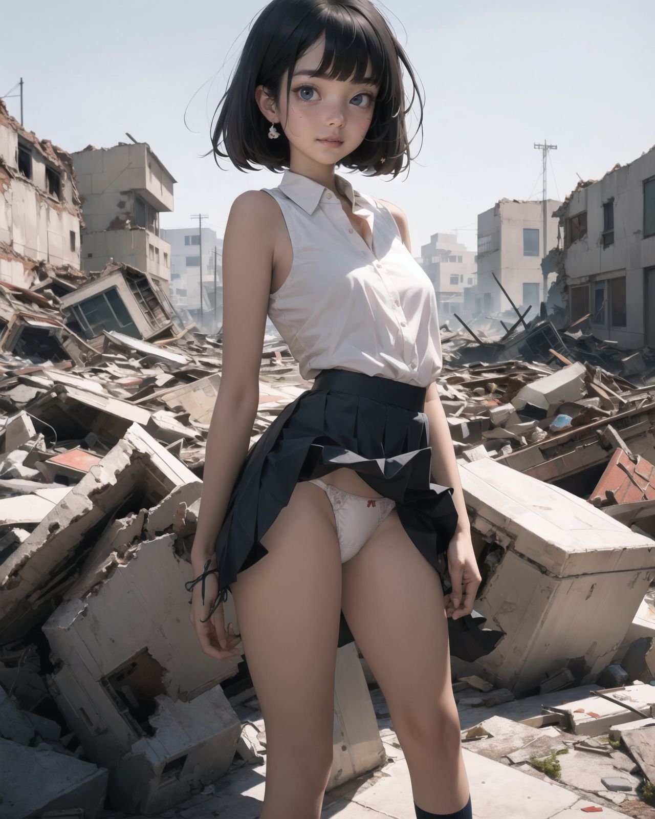 (4 girls:1.7), (4 girls:1.7), 

A pretty, retro, otherworldly girls with clear blue eyes and long black hair, 
(standing in the center of a devastated future city:1.4),
She looks around at the ruins around her with a mixture of surprise and determination.
(Close-up shot of her: 1.3),
She walks slowly through the ruined future city,
(frontal shot:1.5),
She is wearing sci-fi futuristic clothing with intricate patterns, her clothes are slightly torn and stained.

She is staring at the horizon, contemplating her next move.
The image depicts the fresh look of a young girl in an urban landscape of low-rise buildings reduced to rubble.

Blake.

Standing with shoes together and legs open,
high expression, covering her face with her hands and supporting her head,
BREAK 15 years old, breasts,
(bangs in chignon, bob cut, hair ends 1.3),
Round eyes

BREAK
(Uniform, plain white shirt, sleeveless, shirt in: 1),
(plain red ribbon: 1.1)
(skirt slightly lifted, panties are visible:1.6), 


BREAK
(Pleated skirt, Miniskirt:1.2), (Plain white socks:1.2), Loafers

BLAKE


The clear blue sky overhead contrasts with the devastation on the ground.
Golden Hour,
(Post-Apocalypse:1.2), Zentangle, a futuristic, otherworldly fantasy world,
Around her, crumbling buildings and piles of rubble create a chaotic landscape.
The soft golden light of the setting sun illuminates the area, casting long shadows and bringing out the details of the rubble.

[post apocalyptic crumbling world as shown in the photograph, broken architecture, skyscrapers in the distance, corrosion of all kinds: 0.5],
Post apocalyptic world, otherworldly fantasy worldview, clear air, blue sky and white clouds,

(split screen:-1.3),
(moles:-1.1), (freckles:-1.2), (blotches:-1.3),.