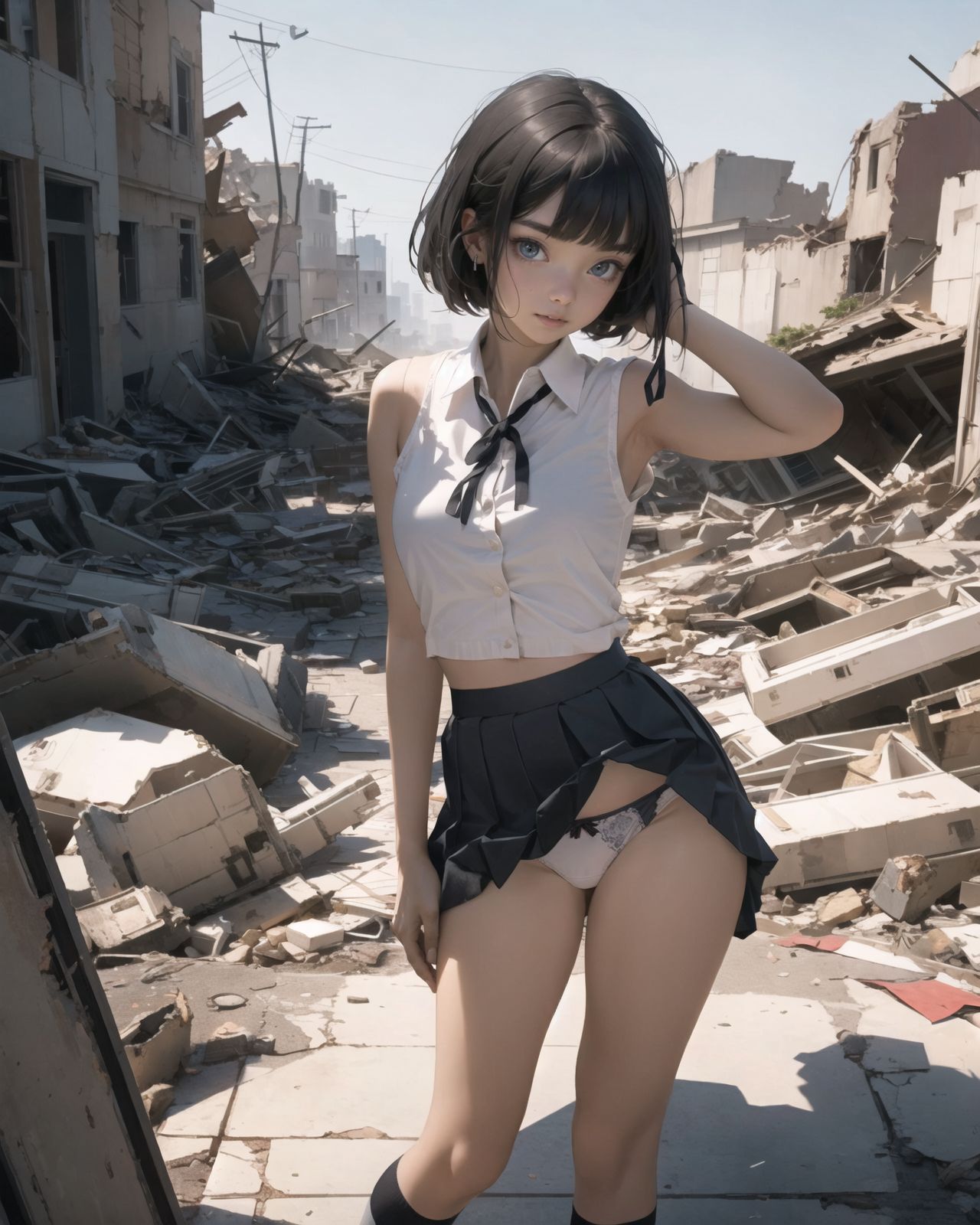 (4 girls:1.7), (4 girls:1.7), 

A pretty, retro, otherworldly girls with clear blue eyes and long black hair, 
(standing in the center of a devastated future city:1.4),
She looks around at the ruins around her with a mixture of surprise and determination.
(Close-up shot of her: 1.3),
She walks slowly through the ruined future city,
(frontal shot:1.5),
She is wearing sci-fi futuristic clothing with intricate patterns, her clothes are slightly torn and stained.

She is staring at the horizon, contemplating her next move.
The image depicts the fresh look of a young girl in an urban landscape of low-rise buildings reduced to rubble.

Blake.

Standing with shoes together and legs open,
high expression, covering her face with her hands and supporting her head,
BREAK 15 years old, breasts,
(bangs in chignon, bob cut, hair ends 1.3),
Round eyes

BREAK
(Uniform, plain white shirt, sleeveless, shirt in: 1),
(plain red ribbon: 1.1)
(skirt slightly lifted, panties are visible:1.6), 


BREAK
(Pleated skirt, Miniskirt:1.2), (Plain white socks:1.2), Loafers

BLAKE


The clear blue sky overhead contrasts with the devastation on the ground.
Golden Hour,
(Post-Apocalypse:1.2), Zentangle, a futuristic, otherworldly fantasy world,
Around her, crumbling buildings and piles of rubble create a chaotic landscape.
The soft golden light of the setting sun illuminates the area, casting long shadows and bringing out the details of the rubble.

[post apocalyptic crumbling world as shown in the photograph, broken architecture, skyscrapers in the distance, corrosion of all kinds: 0.5],
Post apocalyptic world, otherworldly fantasy worldview, clear air, blue sky and white clouds,

(split screen:-1.3),
(moles:-1.1), (freckles:-1.2), (blotches:-1.3),.