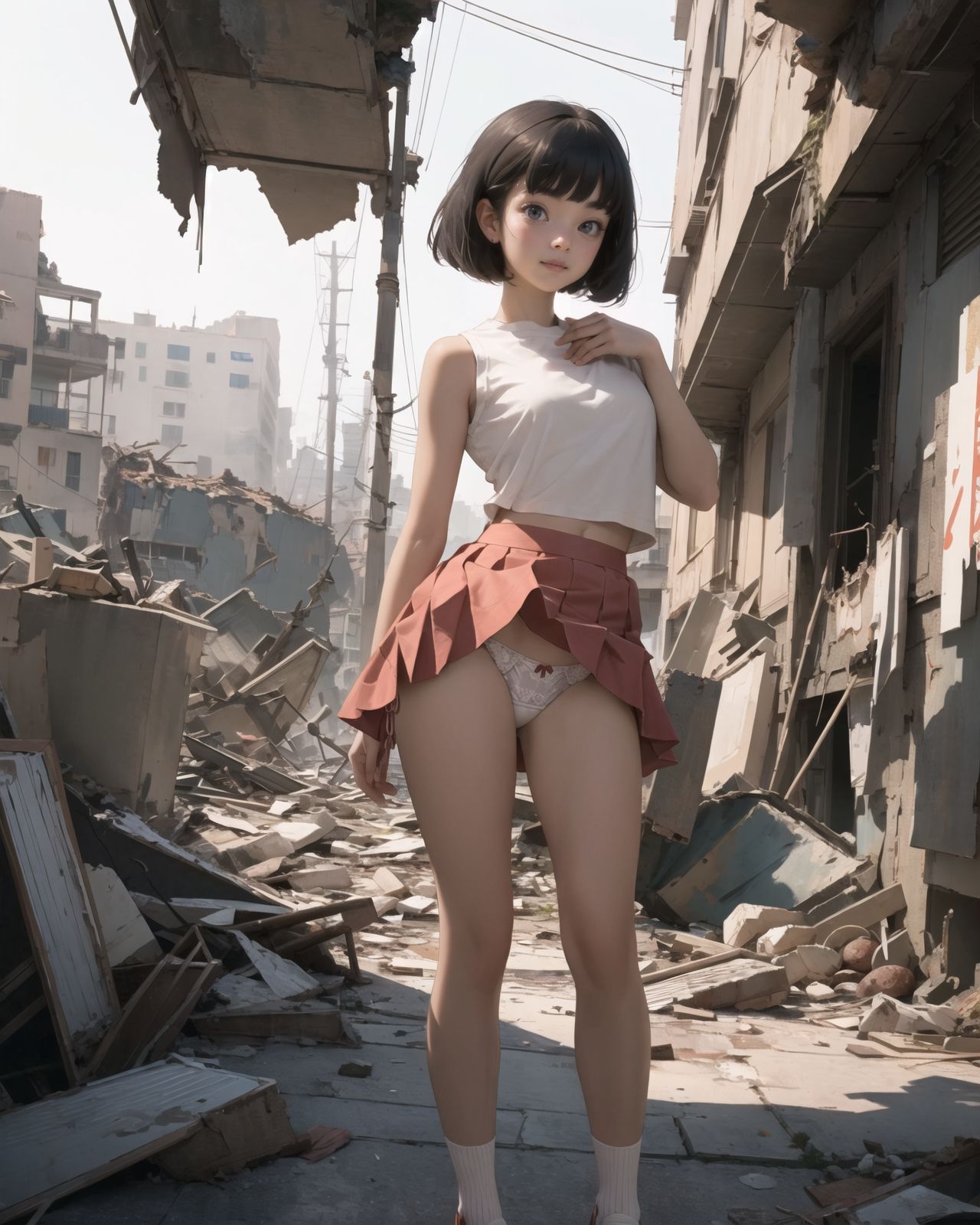 (4 girls:1.7), (4 girls:1.7), 

A pretty, retro, otherworldly girls with clear blue eyes and long black hair, 
(standing in the center of a devastated future city:1.4),
She looks around at the ruins around her with a mixture of surprise and determination.
(Close-up shot of her: 1.3),
She walks slowly through the ruined future city,
(frontal shot:1.5),
She is wearing sci-fi futuristic clothing with intricate patterns, her clothes are slightly torn and stained.

She is staring at the horizon, contemplating her next move.
The image depicts the fresh look of a young girl in an urban landscape of low-rise buildings reduced to rubble.

Blake.

Standing with shoes together and legs open,
high expression, covering her face with her hands and supporting her head,
BREAK 15 years old, breasts,
(bangs in chignon, bob cut, hair ends 1.3),
Round eyes

BREAK
(Uniform, plain white shirt, sleeveless, shirt in: 1),
(plain red ribbon: 1.1)
(skirt slightly lifted, panties are visible:1.6), 


BREAK
(Pleated skirt, Miniskirt:1.2), (Plain white socks:1.2), Loafers

BLAKE


The clear blue sky overhead contrasts with the devastation on the ground.
Golden Hour,
(Post-Apocalypse:1.2), Zentangle, a futuristic, otherworldly fantasy world,
Around her, crumbling buildings and piles of rubble create a chaotic landscape.
The soft golden light of the setting sun illuminates the area, casting long shadows and bringing out the details of the rubble.

[post apocalyptic crumbling world as shown in the photograph, broken architecture, skyscrapers in the distance, corrosion of all kinds: 0.5],
Post apocalyptic world, otherworldly fantasy worldview, clear air, blue sky and white clouds,

(split screen:-1.3),
(moles:-1.1), (freckles:-1.2), (blotches:-1.3),.