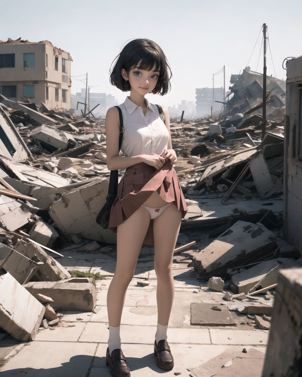 (4 girls:1.7), (4 girls:1.7), 

A pretty, retro, otherworldly girls with clear blue eyes and long black hair, 
(standing in the center of a devastated future city:1.4),
She looks around at the ruins around her with a mixture of surprise and determination.
(Close-up shot of her: 1.3),
She walks slowly through the ruined future city,
(frontal shot:1.5),
She is wearing sci-fi futuristic clothing with intricate patterns, her clothes are slightly torn and stained.

She is staring at the horizon, contemplating her next move.
The image depicts the fresh look of a young girl in an urban landscape of low-rise buildings reduced to rubble.

Blake.

Standing with shoes together and legs open,
high expression, covering her face with her hands and supporting her head,
BREAK 15 years old, breasts,
(bangs in chignon, bob cut, hair ends 1.3),
Round eyes

BREAK
(Uniform, plain white shirt, sleeveless, shirt in: 1),
(plain red ribbon: 1.1)
(skirt slightly lifted, panties are visible:1.6), 


BREAK
(Pleated skirt, Miniskirt:1.2), (Plain white socks:1.2), Loafers

BLAKE


The clear blue sky overhead contrasts with the devastation on the ground.
Golden Hour,
(Post-Apocalypse:1.2), Zentangle, a futuristic, otherworldly fantasy world,
Around her, crumbling buildings and piles of rubble create a chaotic landscape.
The soft golden light of the setting sun illuminates the area, casting long shadows and bringing out the details of the rubble.

[post apocalyptic crumbling world as shown in the photograph, broken architecture, skyscrapers in the distance, corrosion of all kinds: 0.5],
Post apocalyptic world, otherworldly fantasy worldview, clear air, blue sky and white clouds,

(split screen:-1.3),
(moles:-1.1), (freckles:-1.2), (blotches:-1.3),.