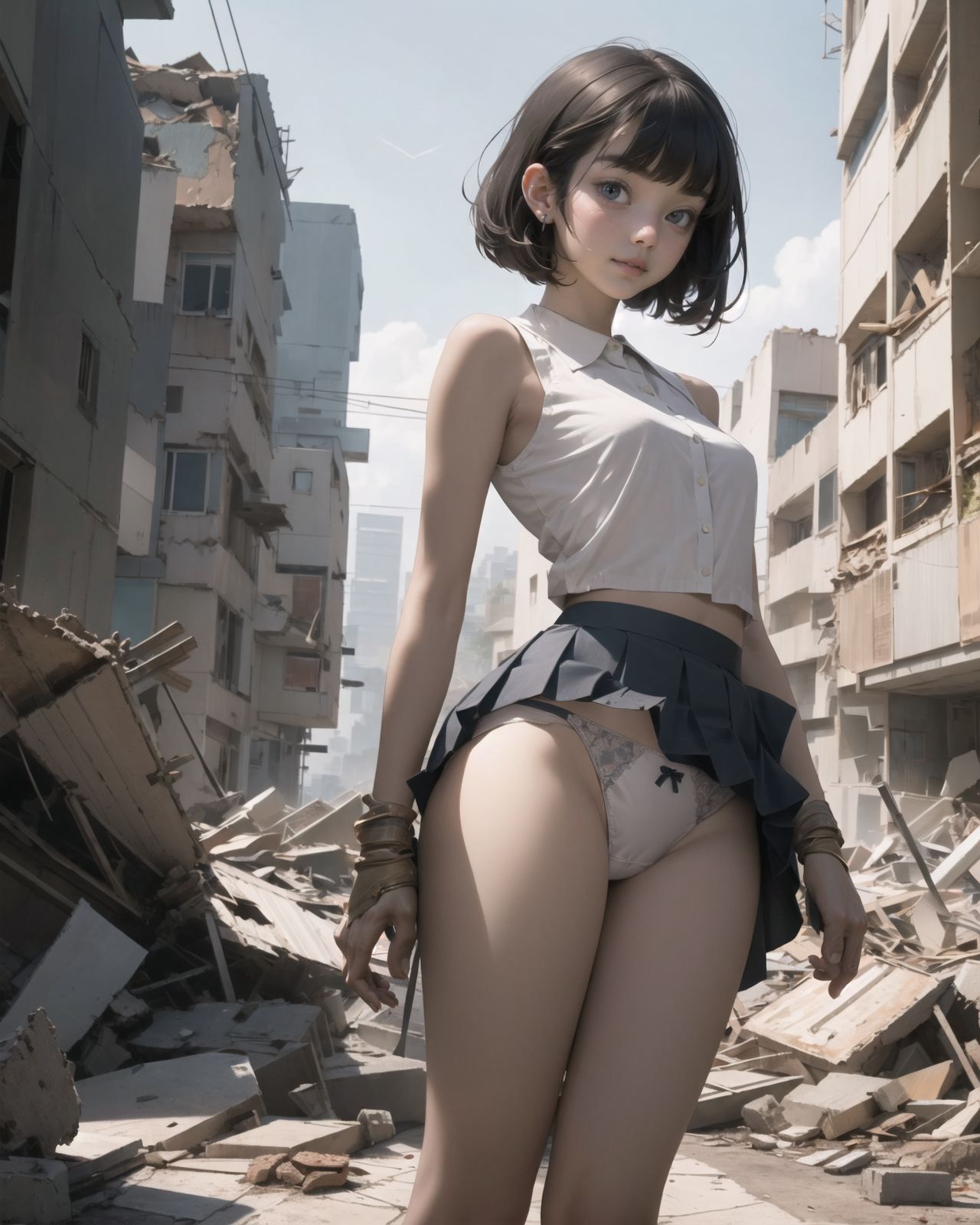 (4 girls:1.7), (4 girls:1.7), 

A pretty, retro, otherworldly girls with clear blue eyes and long black hair, 
(standing in the center of a devastated future city:1.4),
She looks around at the ruins around her with a mixture of surprise and determination.
(Close-up shot of her: 1.3),
She walks slowly through the ruined future city,
(frontal shot:1.5),
She is wearing sci-fi futuristic clothing with intricate patterns, her clothes are slightly torn and stained.

She is staring at the horizon, contemplating her next move.
The image depicts the fresh look of a young girl in an urban landscape of low-rise buildings reduced to rubble.

Blake.

Standing with shoes together and legs open,
high expression, covering her face with her hands and supporting her head,
BREAK 15 years old, breasts,
(bangs in chignon, bob cut, hair ends 1.3),
Round eyes

BREAK
(Uniform, plain white shirt, sleeveless, shirt in: 1),
(plain red ribbon: 1.1)
(skirt slightly lifted, panties are visible:1.6), 


BREAK
(Pleated skirt, Miniskirt:1.2), (Plain white socks:1.2), Loafers

BLAKE


The clear blue sky overhead contrasts with the devastation on the ground.
Golden Hour,
(Post-Apocalypse:1.2), Zentangle, a futuristic, otherworldly fantasy world,
Around her, crumbling buildings and piles of rubble create a chaotic landscape.
The soft golden light of the setting sun illuminates the area, casting long shadows and bringing out the details of the rubble.

[post apocalyptic crumbling world as shown in the photograph, broken architecture, skyscrapers in the distance, corrosion of all kinds: 0.5],
Post apocalyptic world, otherworldly fantasy worldview, clear air, blue sky and white clouds,

(split screen:-1.3),
(moles:-1.1), (freckles:-1.2), (blotches:-1.3),.