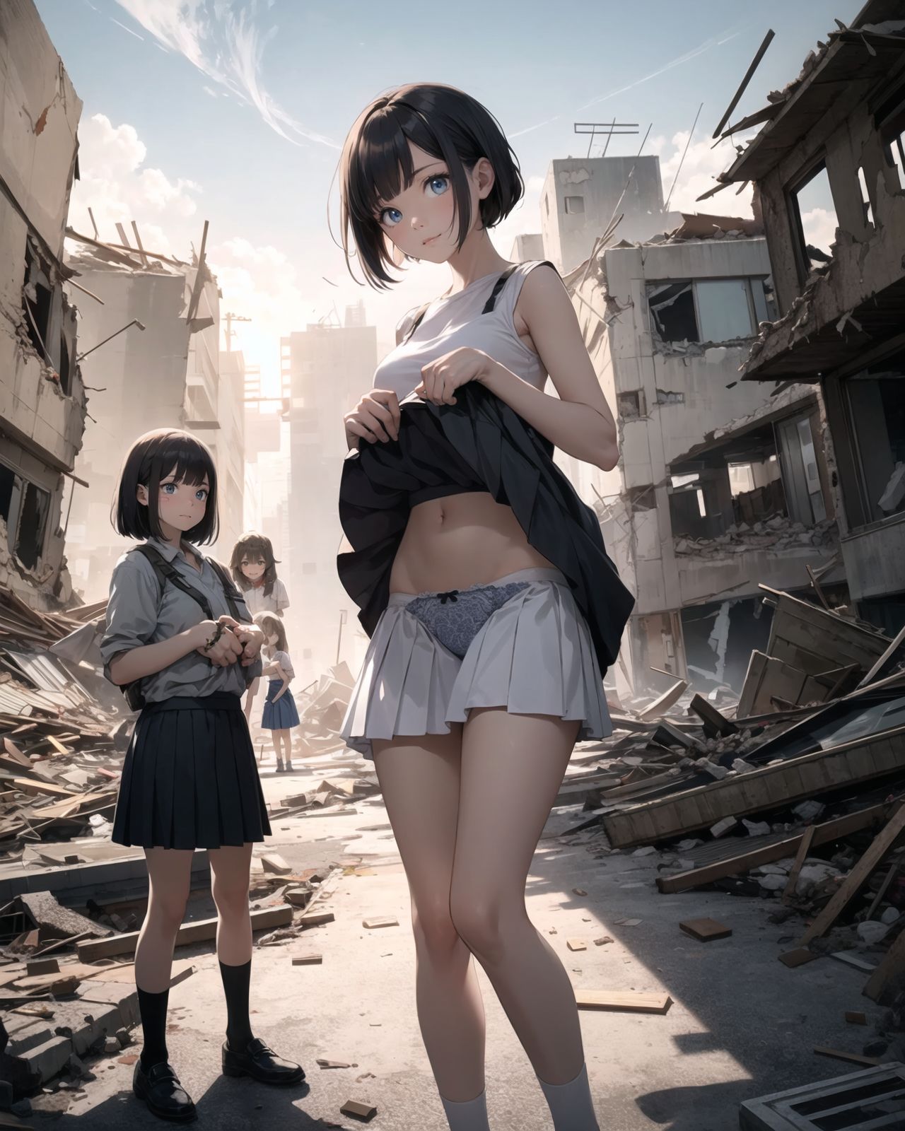 (4 girls:1.7), (4 girls:1.7), 

4 pretty, retro, otherworldly girls with clear blue eyes and long black hair, 
(standing in the center of a devastated future city:1.4),
She looks around at the ruins around her with a mixture of surprise and determination.
(Close-up shot of her: 1.3),
She walks slowly through the ruined future city,
(frontal shot:1.5),
She is wearing sci-fi futuristic clothing with intricate patterns, her clothes are slightly torn and stained.

She is staring at the horizon, contemplating her next move.
The image depicts the fresh look of a young girl in an urban landscape of low-rise buildings reduced to rubble.

Blake.

Standing with shoes together and legs open,
high expression, covering her face with her hands and supporting her head,
BREAK 15 years old, breasts,
(bangs in chignon, bob cut, hair ends 1.3),
Round eyes

BREAK
(Uniform, plain white shirt, sleeveless, shirt in: 1),
(plain red ribbon: 1.1)
(skirt slightly lifted, panties are visible:1.6), 
Uniform skirt slightly lifted,
panties are visible.


BREAK
(Pleated skirt, Miniskirt:1.2), (Plain white socks:1.2), Loafers

BLAKE


The clear blue sky overhead contrasts with the devastation on the ground.
Golden Hour,
(Post-Apocalypse:1.2), Zentangle, a futuristic, otherworldly fantasy world,
Around her, crumbling buildings and piles of rubble create a chaotic landscape.
The soft golden light of the setting sun illuminates the area, casting long shadows and bringing out the details of the rubble.

[post apocalyptic crumbling world as shown in the photograph, broken architecture, skyscrapers in the distance, corrosion of all kinds: 0.5],
Post apocalyptic world, otherworldly fantasy worldview, clear air, blue sky and white clouds,

(split screen:-1.3),
(moles:-1.1), (freckles:-1.2), (blotches:-1.3),.