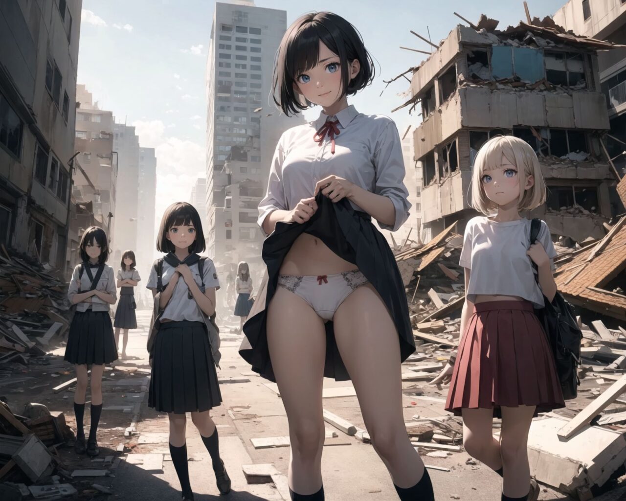 (4 girls:1.7), (4 girls:1.7), 

4 pretty, retro, otherworldly girls with clear blue eyes and long black hair, 
(standing in the center of a devastated future city:1.4),
She looks around at the ruins around her with a mixture of surprise and determination.
(Close-up shot of her: 1.3),
She walks slowly through the ruined future city,
(frontal shot:1.5),
She is wearing sci-fi futuristic clothing with intricate patterns, her clothes are slightly torn and stained.

She is staring at the horizon, contemplating her next move.
The image depicts the fresh look of a young girl in an urban landscape of low-rise buildings reduced to rubble.

Blake.

Standing with shoes together and legs open,
high expression, covering her face with her hands and supporting her head,
BREAK 15 years old, breasts,
(bangs in chignon, bob cut, hair ends 1.3),
Round eyes

BREAK
(Uniform, plain white shirt, sleeveless, shirt in: 1),
(plain red ribbon: 1.1)
(skirt slightly lifted, panties are visible:1.6), 
Uniform skirt slightly lifted,
panties are visible.


BREAK
(Pleated skirt, Miniskirt:1.2), (Plain white socks:1.2), Loafers

BLAKE


The clear blue sky overhead contrasts with the devastation on the ground.
Golden Hour,
(Post-Apocalypse:1.2), Zentangle, a futuristic, otherworldly fantasy world,
Around her, crumbling buildings and piles of rubble create a chaotic landscape.
The soft golden light of the setting sun illuminates the area, casting long shadows and bringing out the details of the rubble.

[post apocalyptic crumbling world as shown in the photograph, broken architecture, skyscrapers in the distance, corrosion of all kinds: 0.5],
Post apocalyptic world, otherworldly fantasy worldview, clear air, blue sky and white clouds,

(split screen:-1.3),
(moles:-1.1), (freckles:-1.2), (blotches:-1.3),.