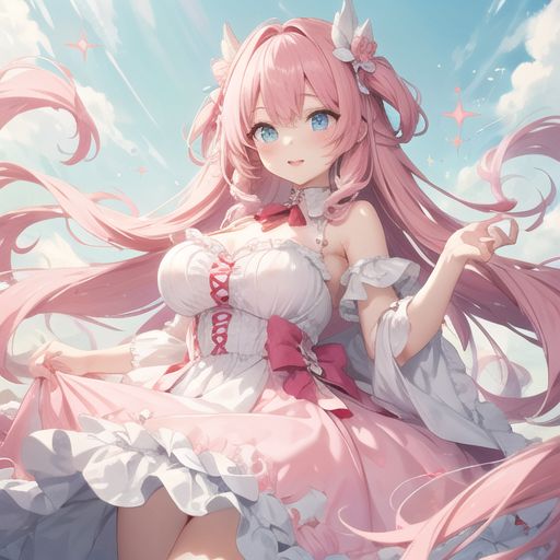 A cute anime girl with big, sparkling eyes, long pink hair, and wearing a frilly dress, in a bright pastel color palette.