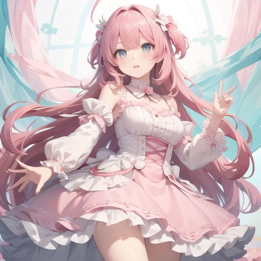 A cute anime girl with big, sparkling eyes, long pink hair, and wearing a frilly dress, in a bright pastel color palette.