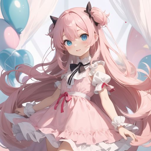 A cute anime girl with big, sparkling eyes, long pink hair, and wearing a frilly dress, in a bright pastel color palette.