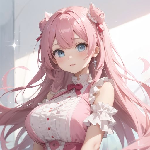 A cute anime girl with big, sparkling eyes, long pink hair, and wearing a frilly dress, in a bright pastel color palette.