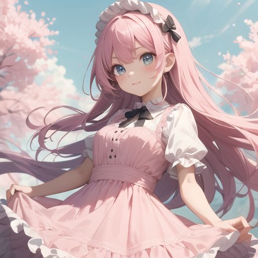 A cute anime girl with big, sparkling eyes, long pink hair, and wearing a frilly dress, in a bright pastel color palette.