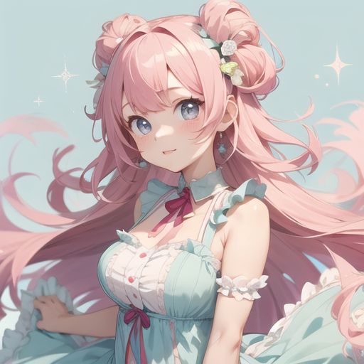 A cute anime girl with big, sparkling eyes, long pink hair, and wearing a frilly dress, in a bright pastel color palette.