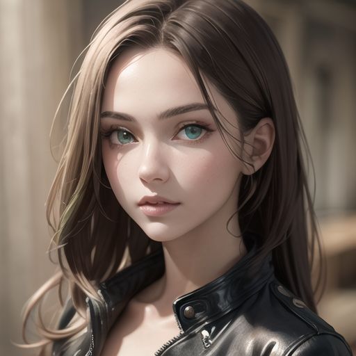 A highly detailed portrait of a beautiful young woman with long brown hair and deep green eyes, wearing a leather jacket, photorealistic style.