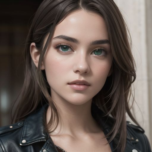 A highly detailed portrait of a beautiful young woman with long brown hair and deep green eyes, wearing a leather jacket, photorealistic style.