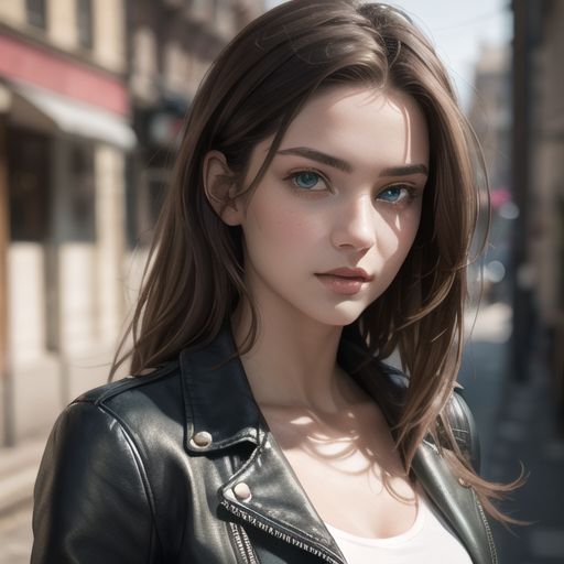 A highly detailed portrait of a beautiful young woman with long brown hair and deep green eyes, wearing a leather jacket, photorealistic style.