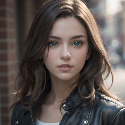 A highly detailed portrait of a beautiful young woman with long brown hair and deep green eyes, wearing a leather jacket, photorealistic style.