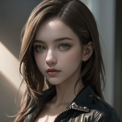 A highly detailed portrait of a beautiful young woman with long brown hair and deep green eyes, wearing a leather jacket, photorealistic style.