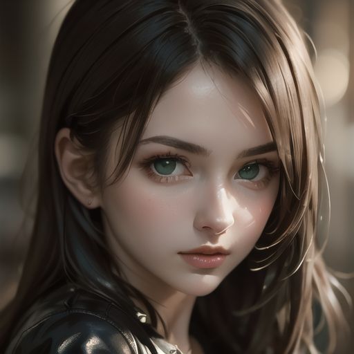 A highly detailed portrait of a beautiful young woman with long brown hair and deep green eyes, wearing a leather jacket, photorealistic style.