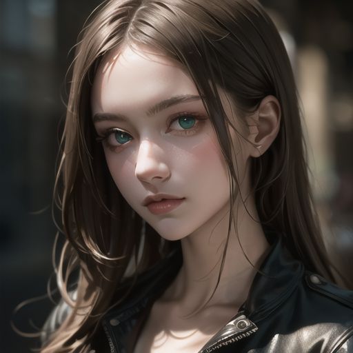 A highly detailed portrait of a beautiful young woman with long brown hair and deep green eyes, wearing a leather jacket, photorealistic style.