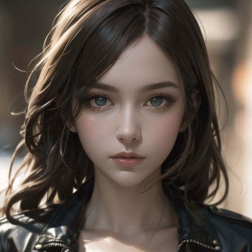 A highly detailed portrait of a beautiful young woman with long brown hair and deep green eyes, wearing a leather jacket, photorealistic style.