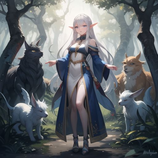 A mystical elf girl with long silver hair and glowing blue eyes, standing in an enchanted forest, surrounded by magical creatures.