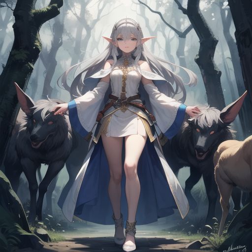 A mystical elf girl with long silver hair and glowing blue eyes, standing in an enchanted forest, surrounded by magical creatures.